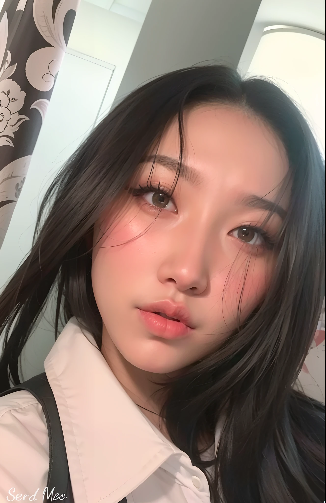 there is a woman with long hair and a white shirt, young cute wan asian face, Sexy Serious Face, looking at the camera, 29 anos, Hwasa cantora de Kpop, Asian face, Garota sexy, olhar dominante, menina coreana, imagem de perfil, Asian girl, 30 anos, Hwasa do Mamamoo, detailed face of a asian girl, Mulher sul-coreana bonita, wan adorable korean face, linda mulher coreana jovem, korean symmetrical face, serious face