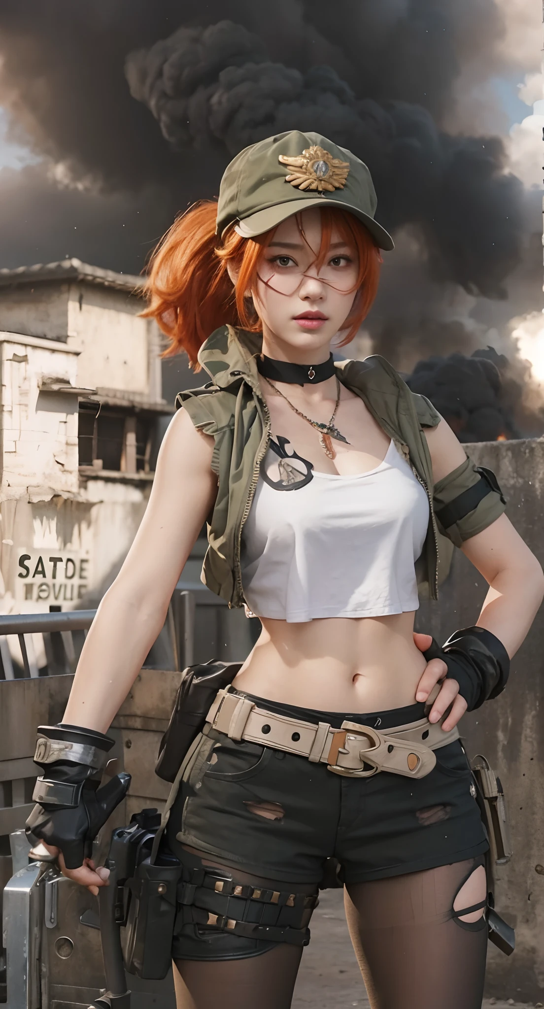 Real life adaption of this character, beauty face,looking to viewer,realistic same orange hair,realistic battlefield background with black smoke, hyper realistic, realistic light, realistic shadow, realism,(photorealistic:1.2), (realistic same outfit), realistic same accecories , holding realistic pistol