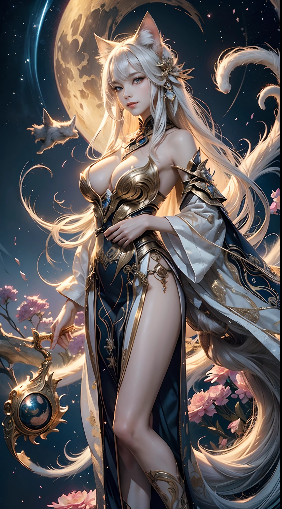 (masterpiece、top-quality、top-quality、Official art、Beautifully Aesthetic:1.2)、(1girl in)、Highly detailed、(Fractal Art:1.3)、colourfull、highest details, (Nine-Tailed Fox), 9 White, Black fox ears, (Cat's-eye:1.3), Foxes inspired by Japan's divinity, Transparent clothes of fantastic celestial warriors, Elaborately embellished with gold, Fantasy Japan Background, Soft smile, ultra-sexy, Big breasts, anatomically, Fine wraist with large defined hips, Soft expression, A smile, Silver long hair, Wave, Facing the front, Hair is spreading