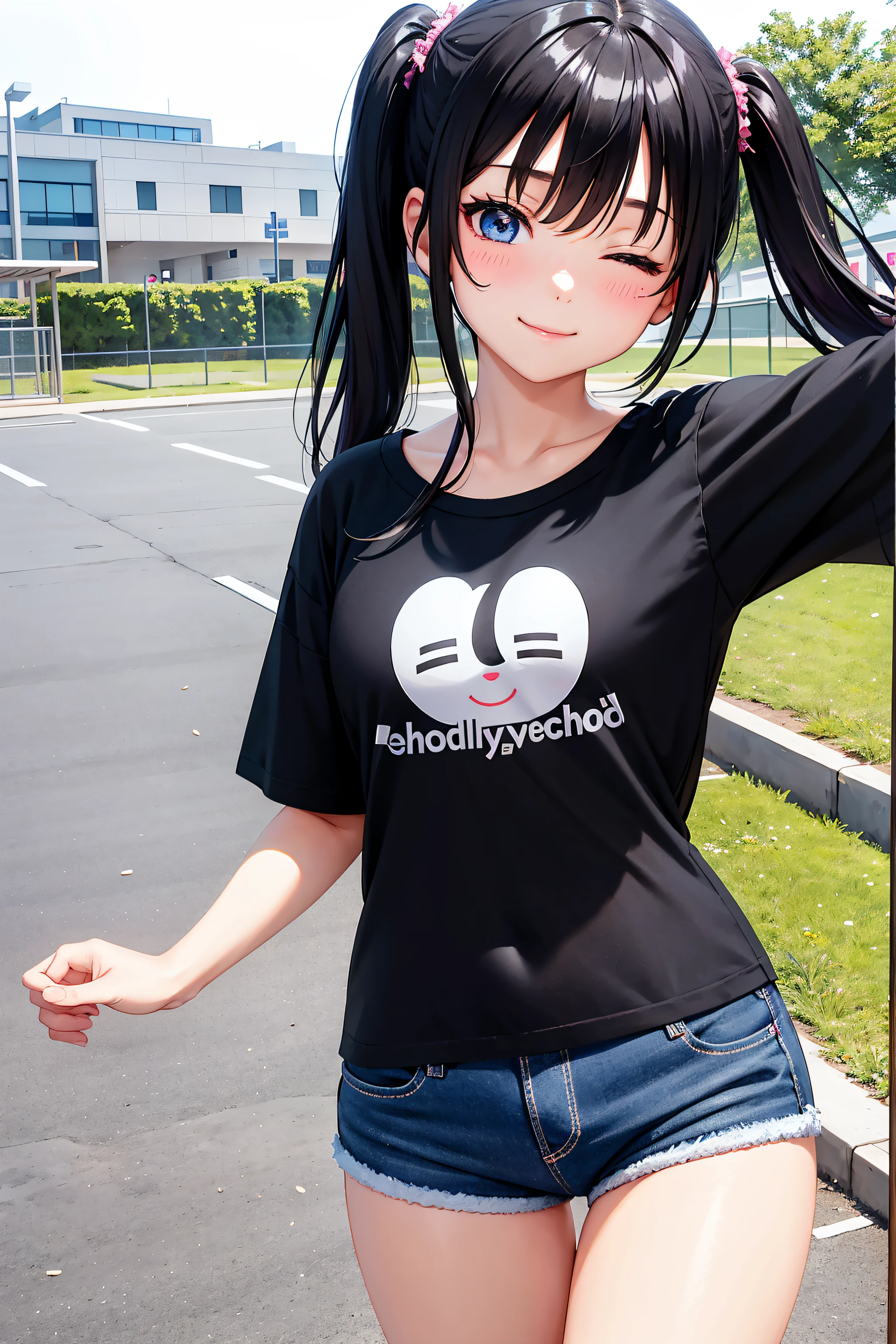 selfie,Beautiful illustration、masterpiece, top-quality ((schoolyard)), 1 girl,A Cute little girl、mini girl, 4th grade elementary school student、make up, standing, seductive smile, black hair, twin tails ,blue eyes、one eye closed, (black hotpants), (Tshirts), lovely thighs、glowing thigh, shinyskin, sexy,