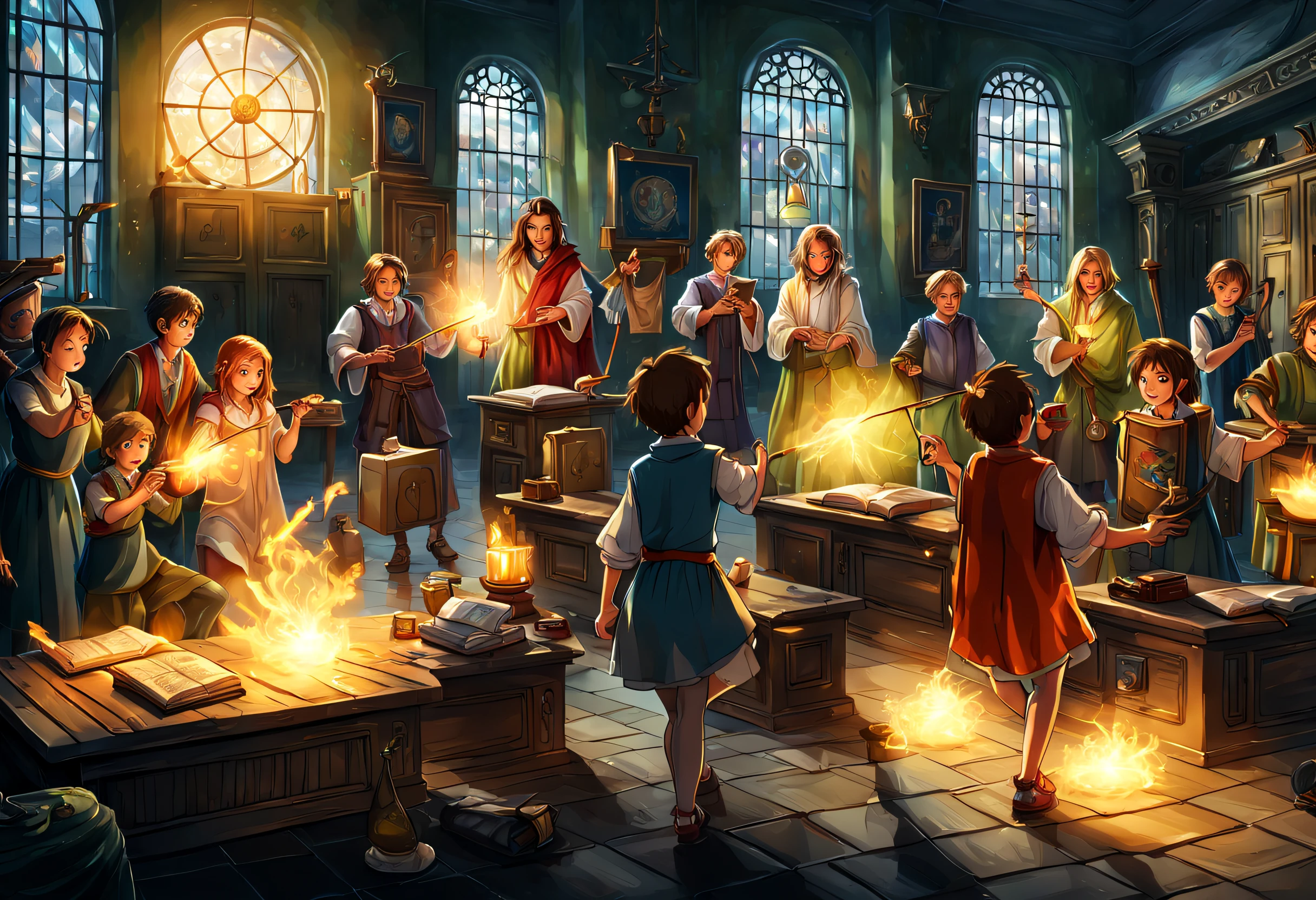 A magic class, a teacher in the background, students practicing magic spells, a colorful magic aura, glowing wands, smoke and fog enveloping the room, magic books and scrolls, flickering candles, glowing crystals and potions, an old wizard's robe, gestures casting spells and enchantments. Arcane symbols and seals engraved on the walls, mysterious and enchanting atmosphere, vibrant and dynamic energy, captivated expressions on students' faces, awe and wonder in their eyes, hands-on demonstrations and experiments, interactive and engaging teaching style, energy vortex magical. in the center of the room, whispers of ancient spells echoing in the air, illustrated diagrams and diagrams on the blackboard, familiar and magical creatures watching the class, lively and lively discussions, sparkling stardust scattered around the classroom, hidden secrets and potentials untapped, transformation and metamorphosis, pursuit of knowledge and wisdom in the realm of magic, unleashing the power of imagination. (best quality, 4k, 8k, high resolution, masterpiece: 1.2), ultra-detailed, (realistic, photorealistic, photorealistic: 1.37), HDR, UHD, studio lighting, ultra-fine photography, sharp focus, physics-based rendering Detailed Description extreme, professional, vivid colors, bokeh, portraits, landscapes, horror, anime, science fiction, photography, concept artists, bright and fantastic colors, soft and ethereal palette, subtle and dramatic lighting effects, bright and radiant atmosphere.(Image taken with a high-end professional camera: 1.3),Tolkien style