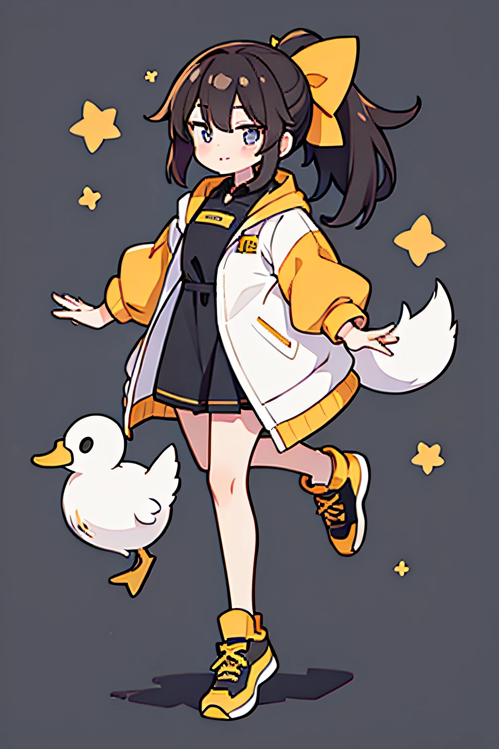 Duck costume, girl, solo, full body, A dark-haired, ponytail