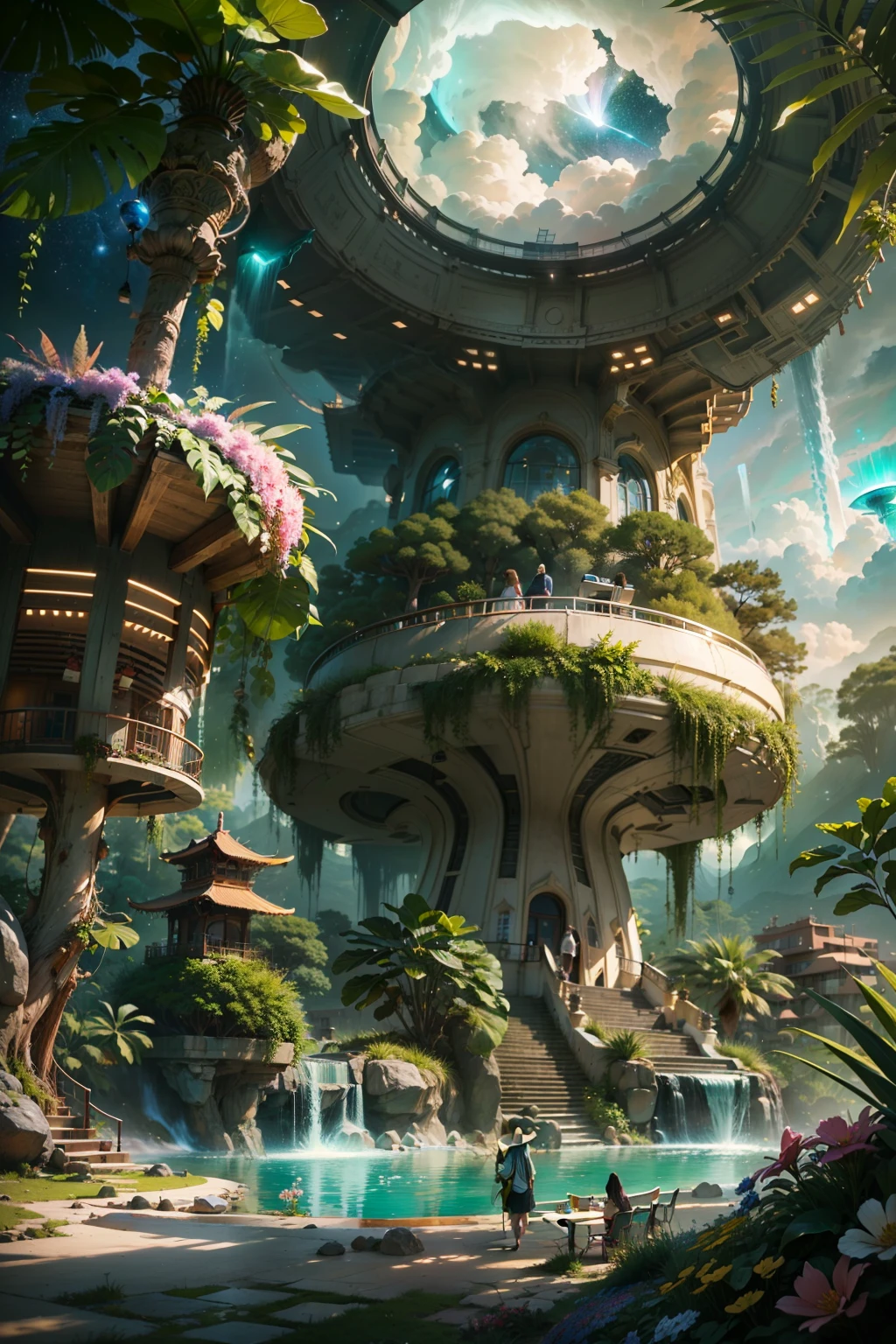 In a whimsical sci-fi world，The picture shows the scene of a two-dimensional science fiction luxury college。The picture shows three different environments：A desert、Rainforest and planetary sky。

The first is the desert environment，You can see the vast yellow desert spreading into the distance，There was silence and mystery。In the middle of the desert，There is a magnificent city school luxury complex towering，It adopts the architectural shape of science fiction style，It feels complex and futurisitic。A jet of water erupts from a fountain on the roof，Reflected in the dazzling sunlight。

Then there's the rainforest environment，Behind the luxury buildings of the city school, a dense rainforest stretches。Towering trees and colorful flowers mingle with each other，Coconut trees sway in the breeze。In this magical rainforest, you can also see alien corals growing on trees，It adds fantasy and strangeness to the whole scene。

Finally, there is the planetary sky environment，In the vast starry sky，The star ring band surrounds the entire picture。Colorful clouds float in the sky，Form beautiful patterns，White auroras also appeared between the stars，Shining with a mesmerizing light。

The entire picture is rendered using ray tracing，The details are extremely fine，Every place shows the perfect composition and sci-fi complexity。This CG-rendered realistic painting gives a grand scene and visual impact，Let the viewer feel a wonderful and magnificent sci-fi world。