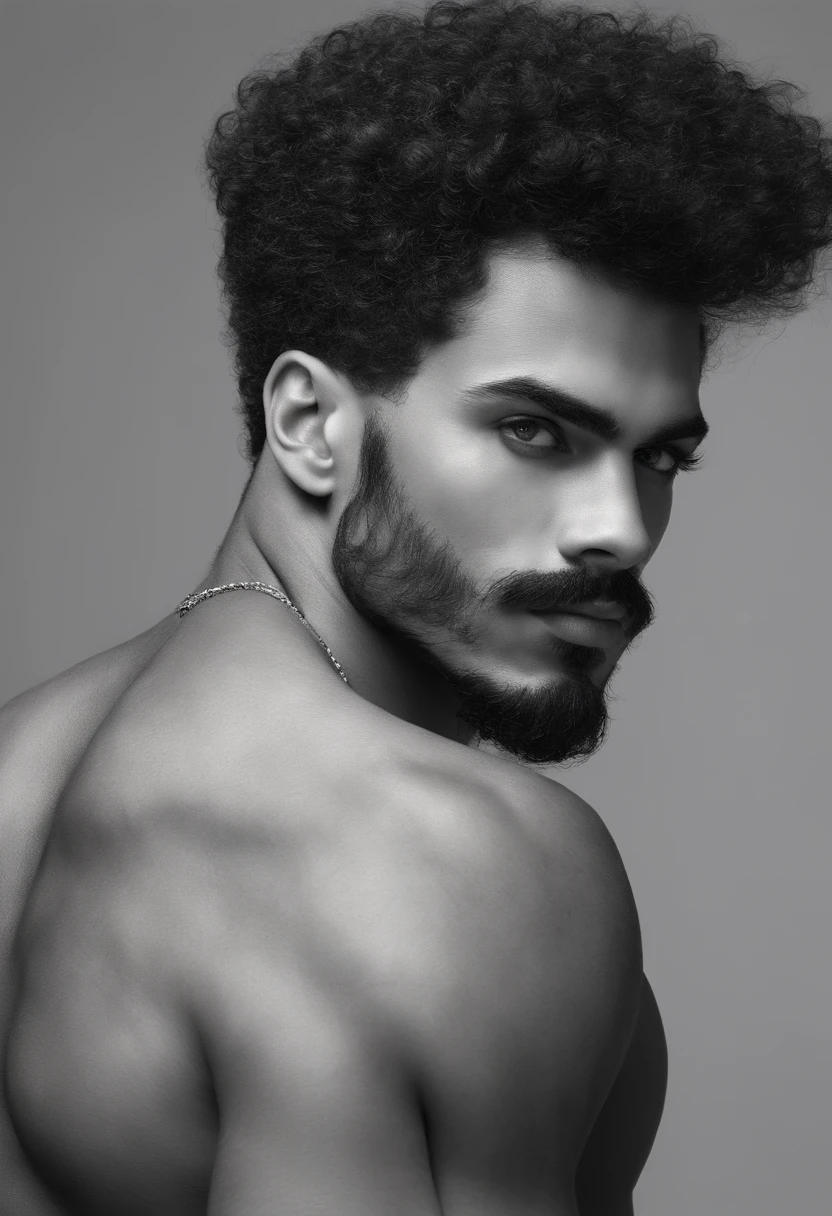 (Brazilian) (highly quality), Highly detailed CG, Brown Man Hairy Curls Jaw Tight Eyebrows Frown Hair Curl (coiffure taper) texture de la peau, tatouage sur le torse, tatouage au du sourcil,jeune (21ans)  A full goatee with a separate mustache, square-jawed, and black almond-shaped slanted eyes, Muscular, nez fin, nez parfait, full lips, cheuveux noirs, realistic eyes, High Quality Eyes, Separate short mustache, (taper fade) Eyes Realized, yeux ultras HD, 8k, Beautiful tanned that shines