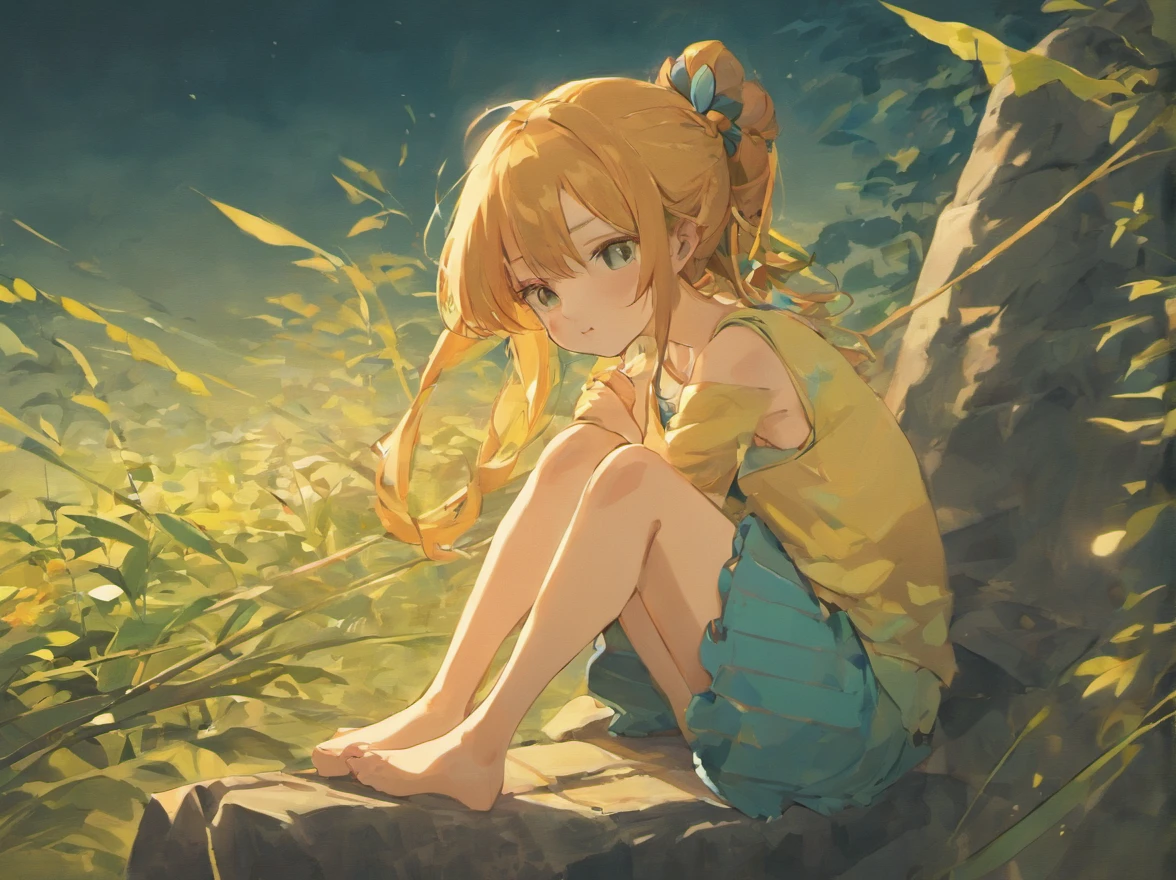 A girl sits on a stone resting,Weaving straw sandals while resting,Under a quiet sky,Quietly around
