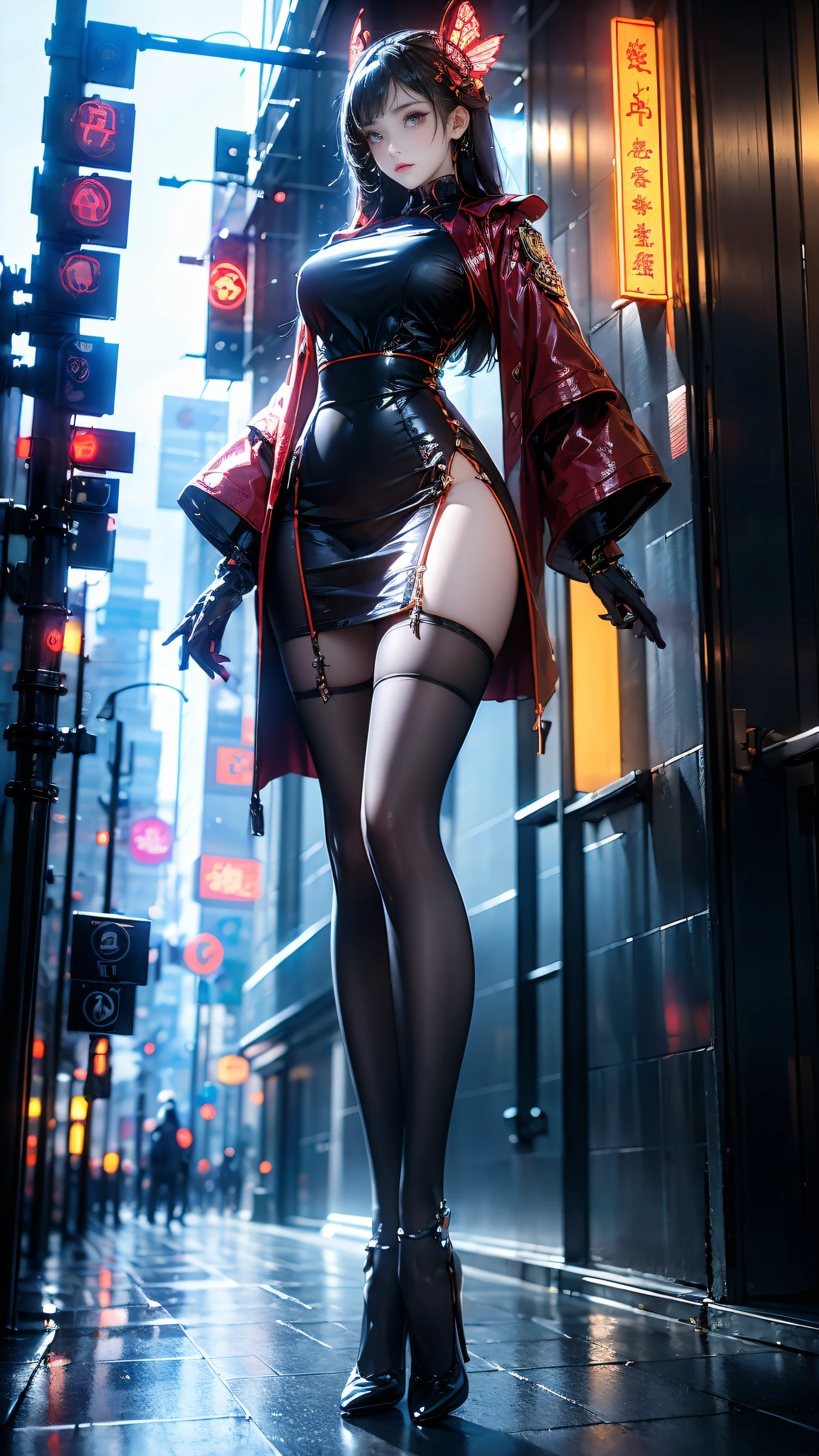 Masterpiece,Best quality,A high resolution, 1girll,From below,(Very thin and straight legs)，,(Very long legs，Straight legs),,High heels,long leges,standing on your feet, Long legs as seen from the front, Perfect body,with perfect legs,(exteriors)，full bodyesbian，cyber punk perssonage，dynamicposes，1girll，Elaborate Eyes，Brown eyes，eye shadows，putting makeup on，long whitr hair， 详细的脸， Detailed eyes， looking at viewert， blusher\（putting makeup on\）， full pouty lips， Redlip，（long whitr hair：1.3）， （standing on your feet）Mechanically static，Mechanical summoning，(hair adornments:1.1)，head gear，Red suit school uniform，Red school uniform，(black lence stockings，Stocking suspenders)，城市，Luminescent windings，Glowing butterflies，Cyberpunk lights:1.1)，neonlight，Fully mechanical and futuristic elements，technologies，The background is a traditional Chinese street，china town， the street， Skysky， cyber punk perssonage， paper lanterns， Neon Super Resolution，（真实感：1.3），1（Slim：1.2），dramatic lights，vibrant detail，Luxurious cyberpunk，the complex background，rendering by octane，