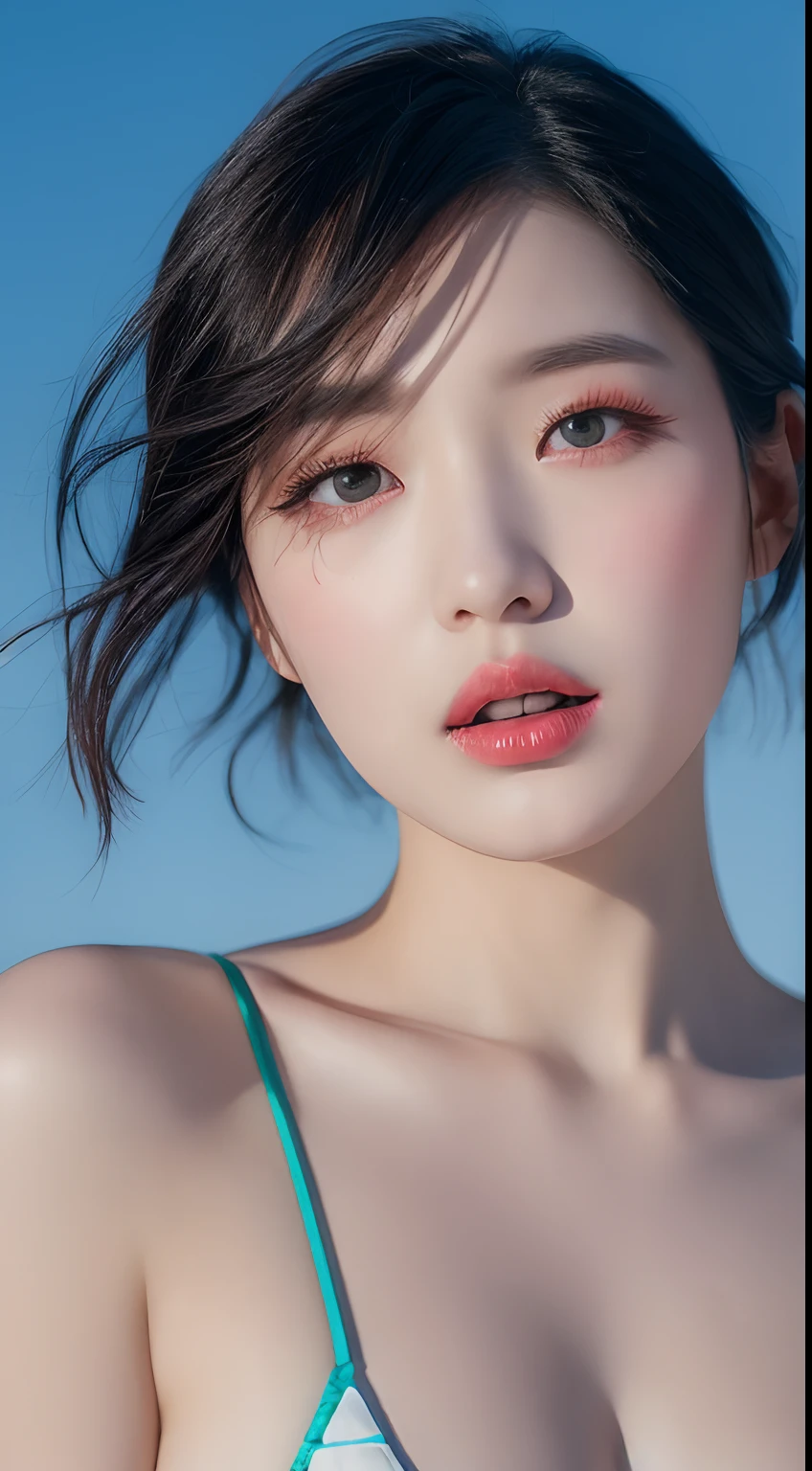 An extraordinary editorial fashion photo of one Korean pop idol , hair model, Unique hair details, neon line check pattern bikini , double eyelid, very short hair, in the snow , hyper res