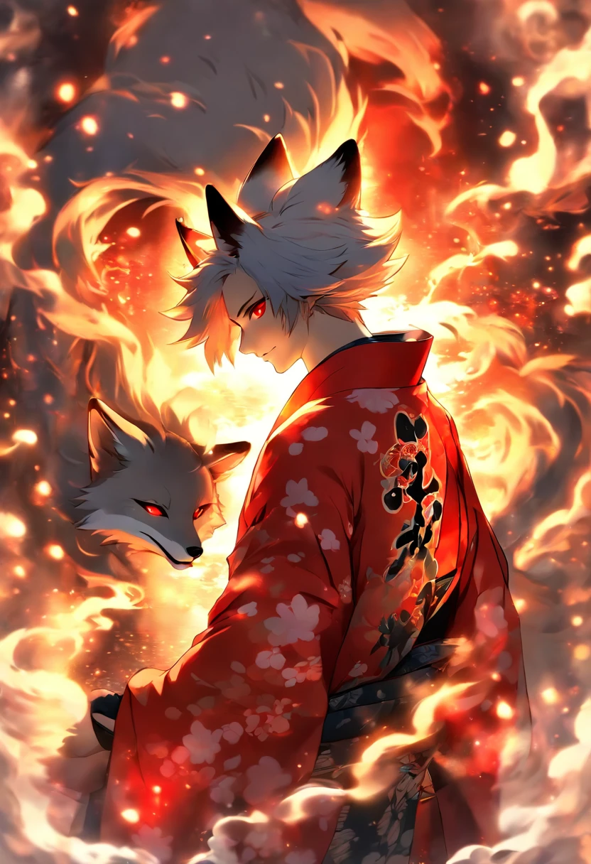 male, Kitsune,Gray short hair,Big fox ears,Fluffy tail,Cold and sharp eyes,Long eyelashes,Slim yet strong body, Red eye makeup,Smoke following him, black with red details kimono