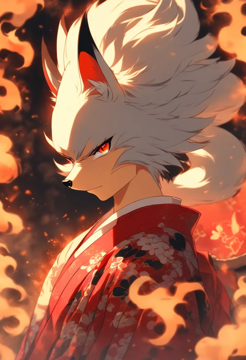male, Kitsune,Gray short hair,Big fox ears,Fluffy tail,Cold and sharp eyes,Long eyelashes,Slim yet strong body, Red eye makeup,Smoke following him, black with red details kimono