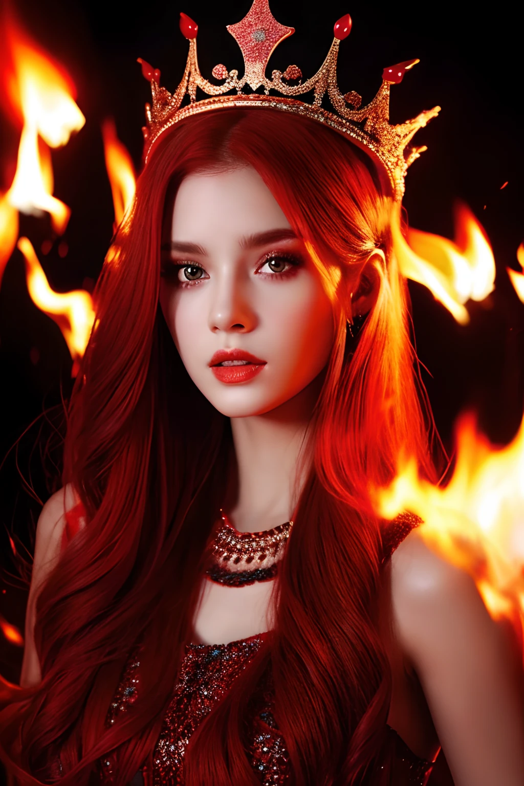 Real Women、Face Barbara Palvin、Longhaire、She has red hair and red eyes、I'm wearing a crown、Manipulating the flames、Black background。
