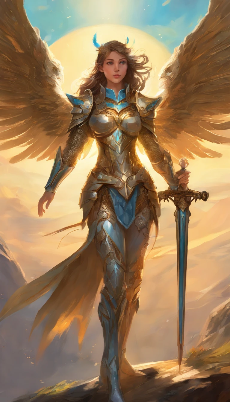 ultra-detailed (best quality, ultra-detailed, best illustration, best shadow, masterpiece, high res, professional art, famous art), (1girl, solo), wearing Valkyrie Armor, (armor: 1.3), helmet, Golden Chain Mail Armor, Large Wings, hair ornaments, Glowing lite Blue Eyes, smile, looking at the viewer, Full body Video, ultra-detailed Mecha Armor.