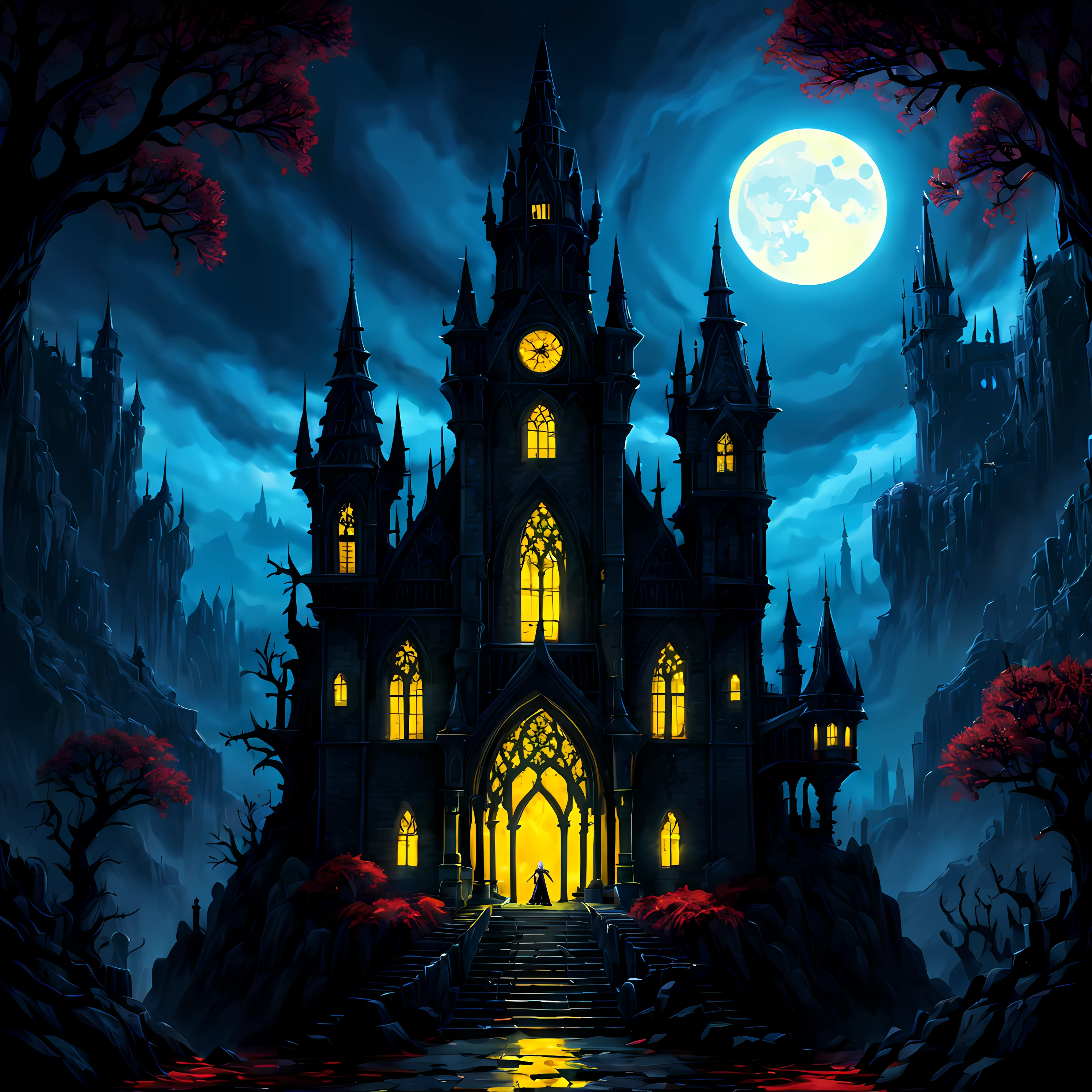 (Pixel art:1.5), (solo:1.3), (((front view))) ((((epic gothic magical academy)))) (((on a rocky hill))) ((eerie spiky architecture)) ((normal yellow light coming from the windows)) ((shiny blue magical steams around the academy)), (Bloodborne vibes:1.3), (huge red moon), ((cursed magical trees on the front of the scene)), pixel art