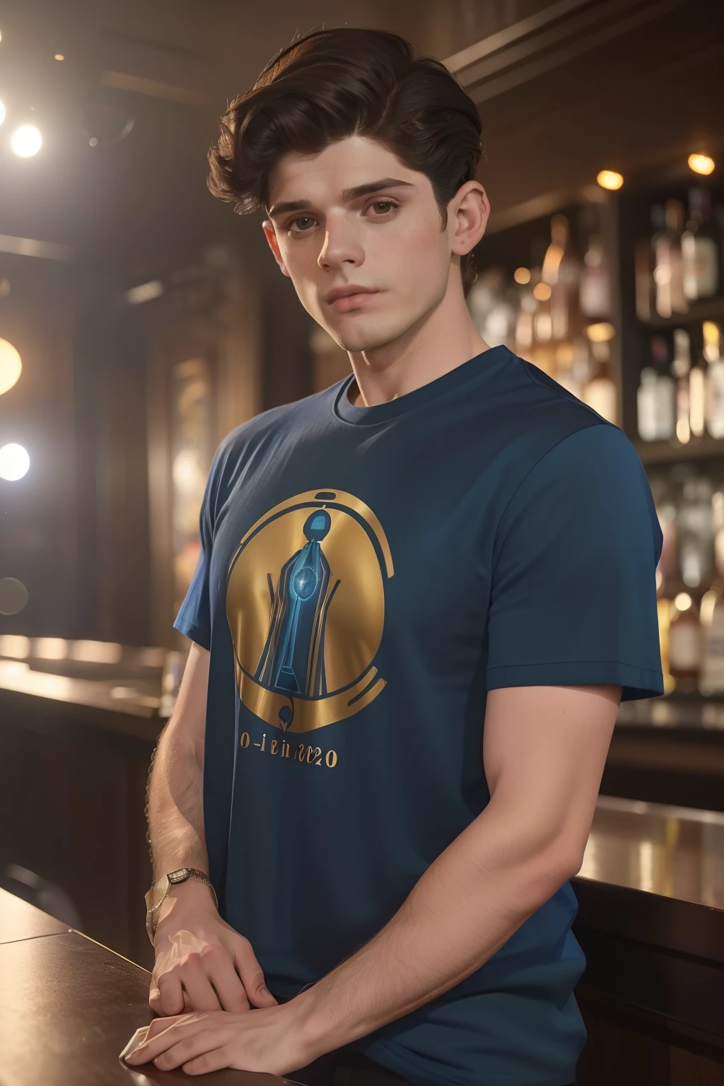 year: 2023. Location: madrid. Pre-Raphaelite scene with a 27-year-old Edward Bluemel, bartender in a nightclub, disco lights, dark, seving drinks, ((((casual clothing from the 2020s, t-shirt)))) ((Hairstyle of the 2020s)), ((("OMITB" cinematography)))