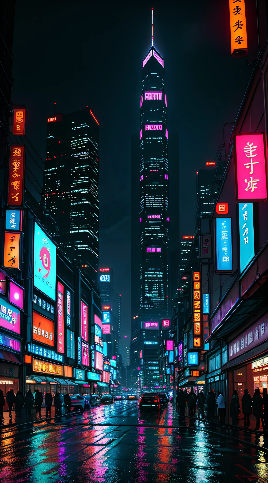 ((best quality)), ((masterpiece)), ((ultra realistic)), ((night time)), majestically detailed soft oil painting by jim lee, beautiful neon cyberpunk Tokyo, reflections, raining, crowded scifi city street, futuristic cars, night time, metallic, neon edge lighting, people, umbrellas, professional, skyscrapers, deep shadows, masterpiece, realistic, roughness, ultra realistic, photographed on a Canon EOS R5, 50mm lens, F/2.8, HDR, 8k resolution, highres, high detail, sharp focus, smooth, roughness, real life, photorealism, photography, 8k uhd,