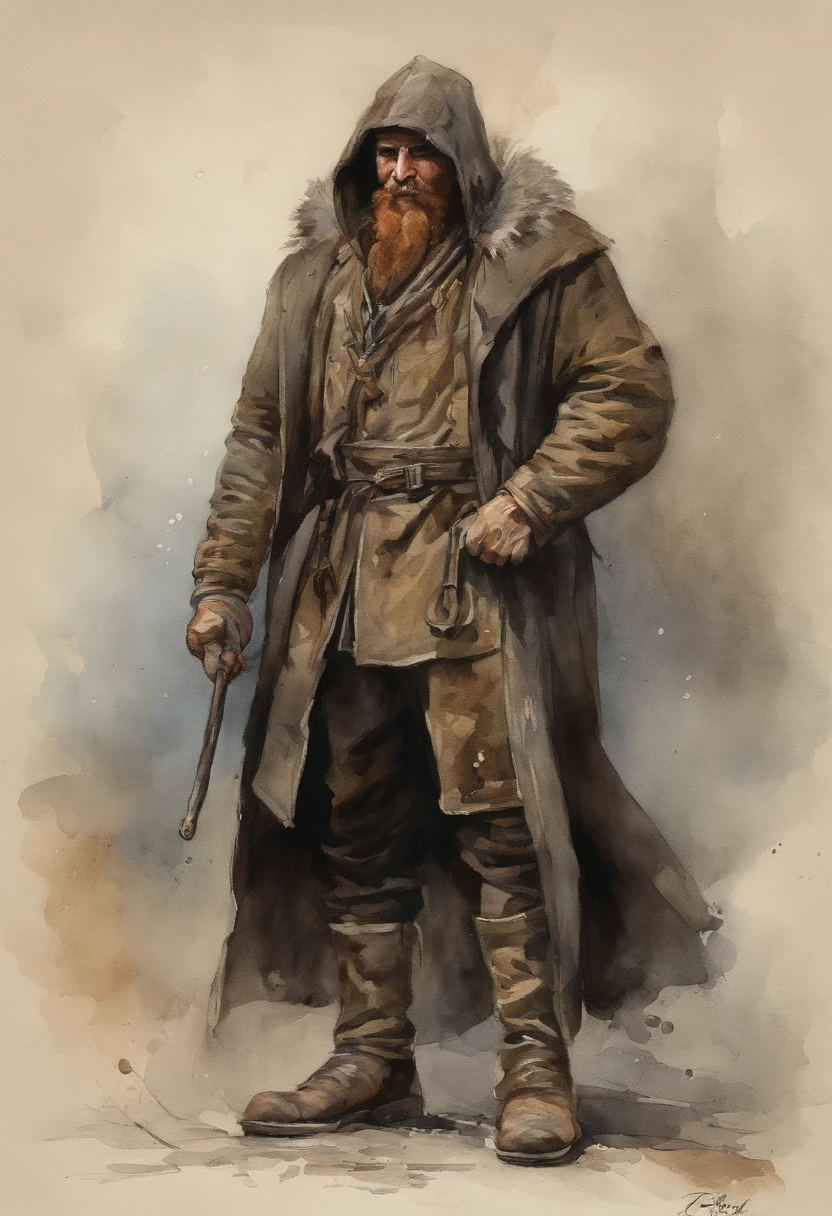 32-year-old male character, Ropa negra,Botas sucias y resistentes, usar pantalones, chaleco, Usar un abrigo negro con una capucha que cubra la cabeza, Mascarilla de tela que le cubre la cara