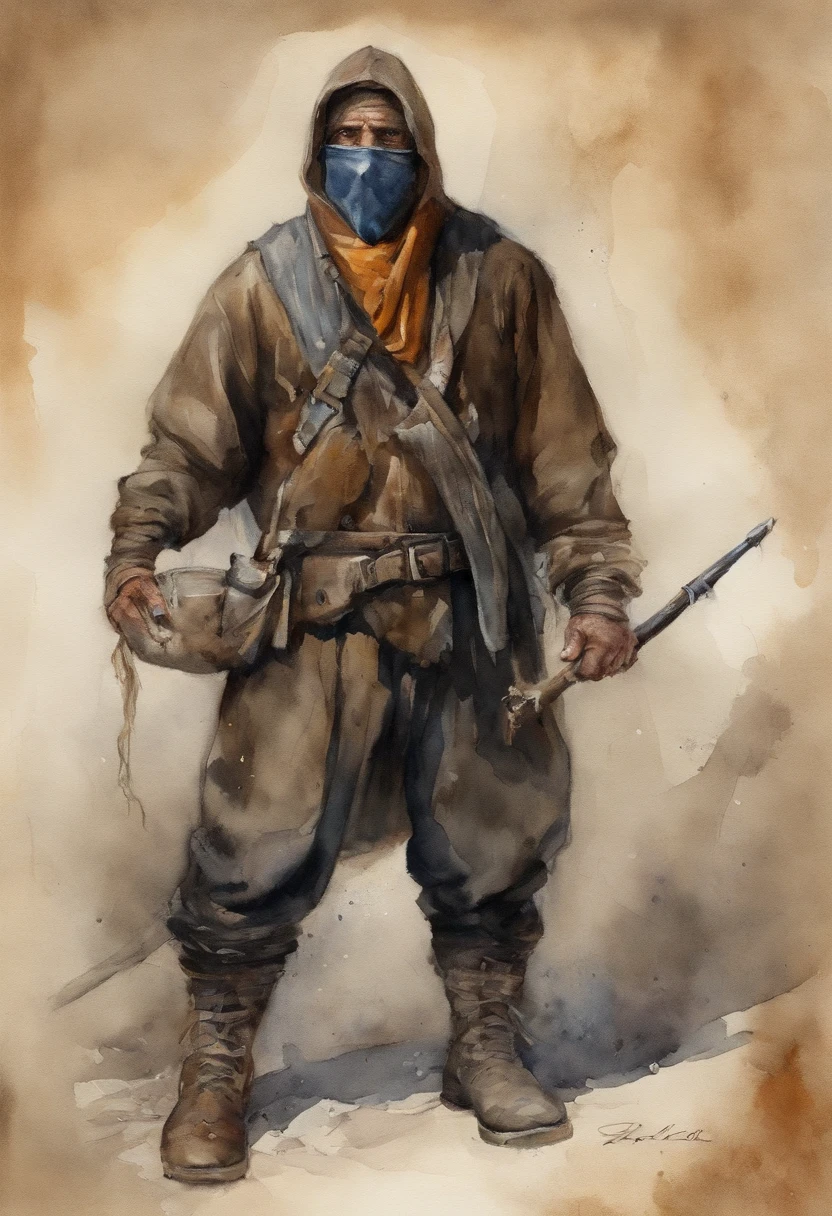 32-year-old male character, Ropa negra,Botas sucias y resistentes, usar pantalones, chaleco, Usar un abrigo negro con una capucha que cubra la cabeza, Mascarilla de tela que le cubre la cara