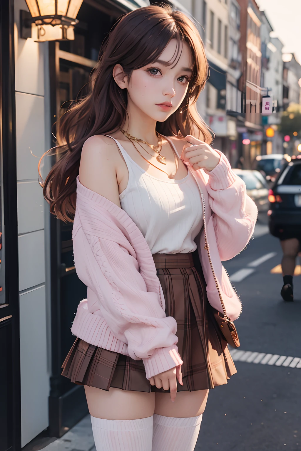 {Masterpiece,Best quality,offcial art,Extremely detailed Cg Unity 8K wallpaper}, full_Moon, Golden hour lighting, {Realistic}, {Real}, {absurderes}, Colorful, Girl, Pink Long Hair, Brown hair, Wavy hair, Beautiful detailed eyes, eye bags, {ribbed sweater}, {Sweater jacket}, {Bare_bshoulders}, {Miniskirt}, {white thighhighs}, Collar, pendant, jewelry, Checkered necklace , yokozuwari,