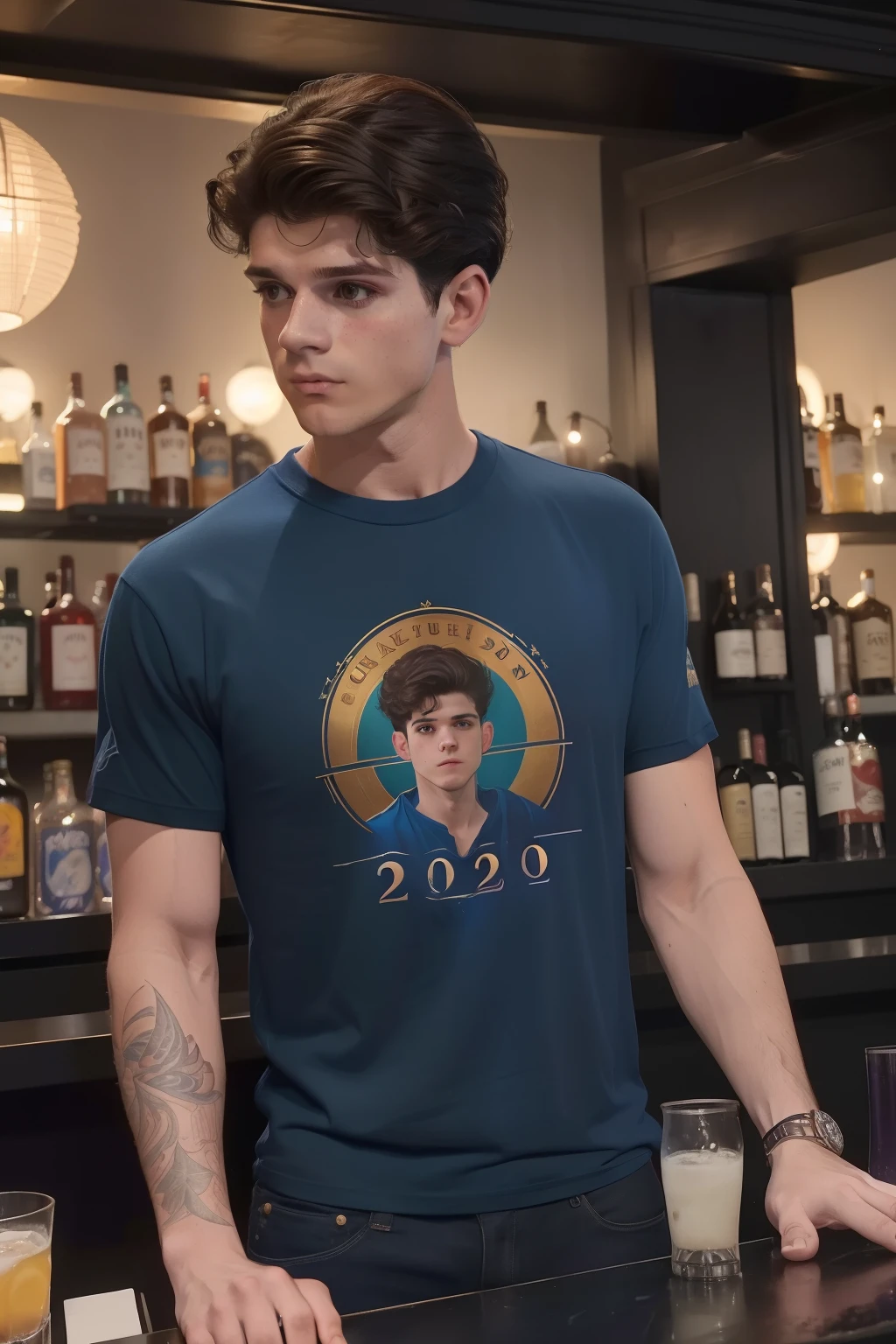 year: 2023. Location: madrid. Pre-Raphaelite scene with a 27-year-old Edward Bluemel, bartender in a nightclub, disco lights, dark, seving drinks, looking away, (((sad))), ((((casual clothing from the 2020s, t-shirt)))) ((Hairstyle of the 2020s)), ((("OMITB" cinematography)))