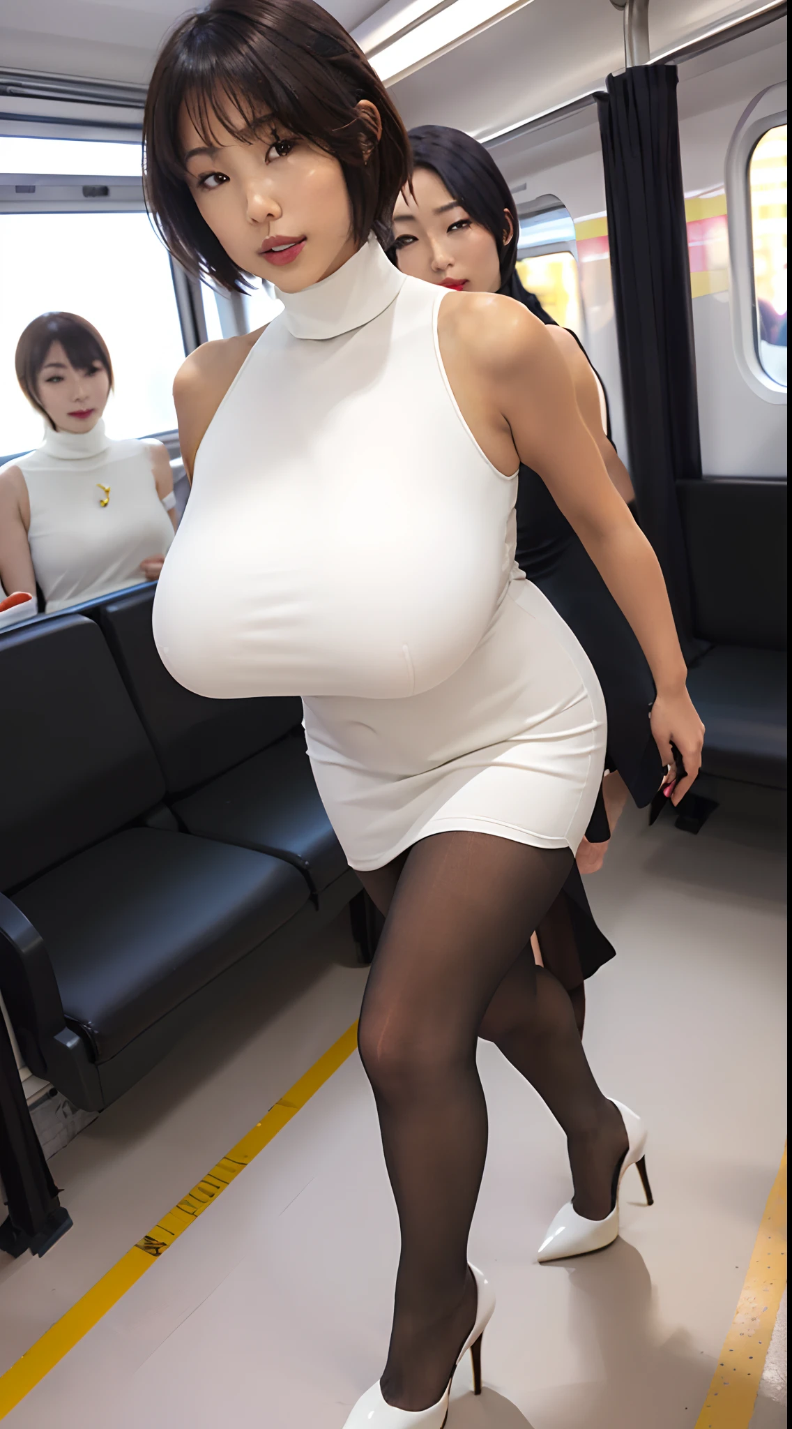 in 8K、超A high resolution、The ultra -The high-definition、An ultra-high picture quality、Ultrarealistic、Best Quality、masuter piece)(a Pretty Japanese woman、Black Hair Shortcut Hair:1.1)(Big that hide all breasts、Pretty big breasts、toned body:1.18)(White Sleeveless Turtleneck Dress、high-heels、Hide all breasts:1.38)(Open your legs quite wide to the sides、Walking around the city:1.18)(Black See-Through Shinypantyhose)(On a train with quite a lot of people:1.2)