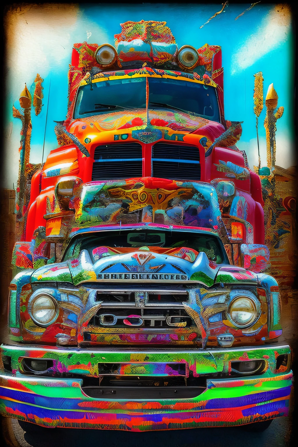 painting of a truck with a lot of decorations on the front, maximalism digital art, posterized color, detailed digital artwork, digital art extreme detail, truck, posterized, trending digital art, digital art highly detailed, digital art - n 9, overdetailed digital art, detailed digital art, elaborate digital art, digital art - n 5, intricate image