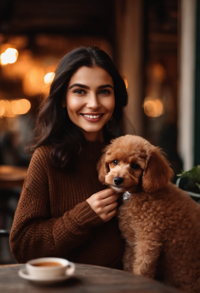 Cute black long straight hair brown eyes round face girl sitting in café drinking coffee in brown sweater, Sunset, A toothy smile without bangs, Holding a poodle puppy in his arms
