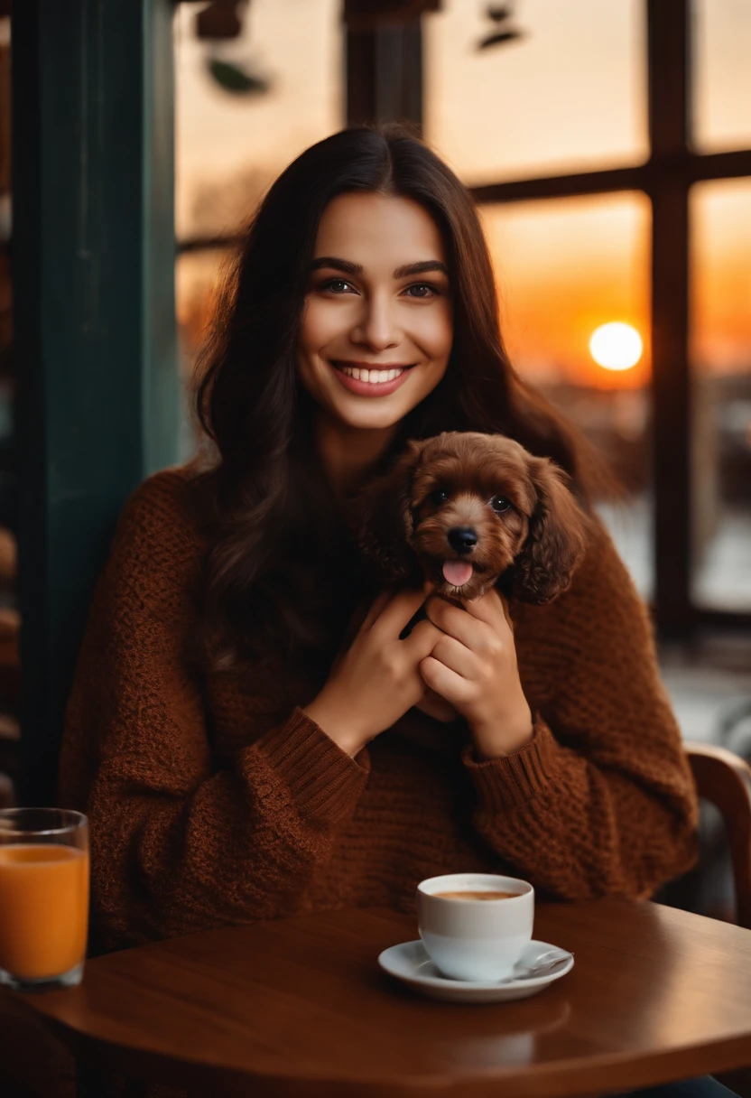 Cute black long straight hair brown eyes round face girl sitting in café drinking coffee in brown sweater, Sunset, A toothy smile without bangs, Holding a poodle puppy in his arms