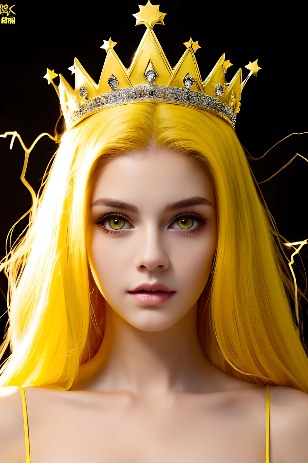 Real Women、Face Barbara Palvin、Longhaire、She has yellow hair and yellow eyes、I'm wearing a crown、Manipulating electricity、Black background。