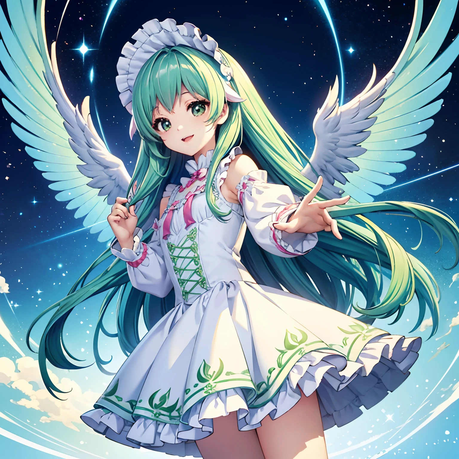 The big big wings of the firebird、Kawaii Girl、adorable smiling、Light blue long hair、Twin-tailed、Colorful angel costume in white and green Lolita style with lots of frills、((top-quality))、((masterpiece))、(ighly detailed、highestdetailed、Official art、Beautifully Aesthetic:1.2)