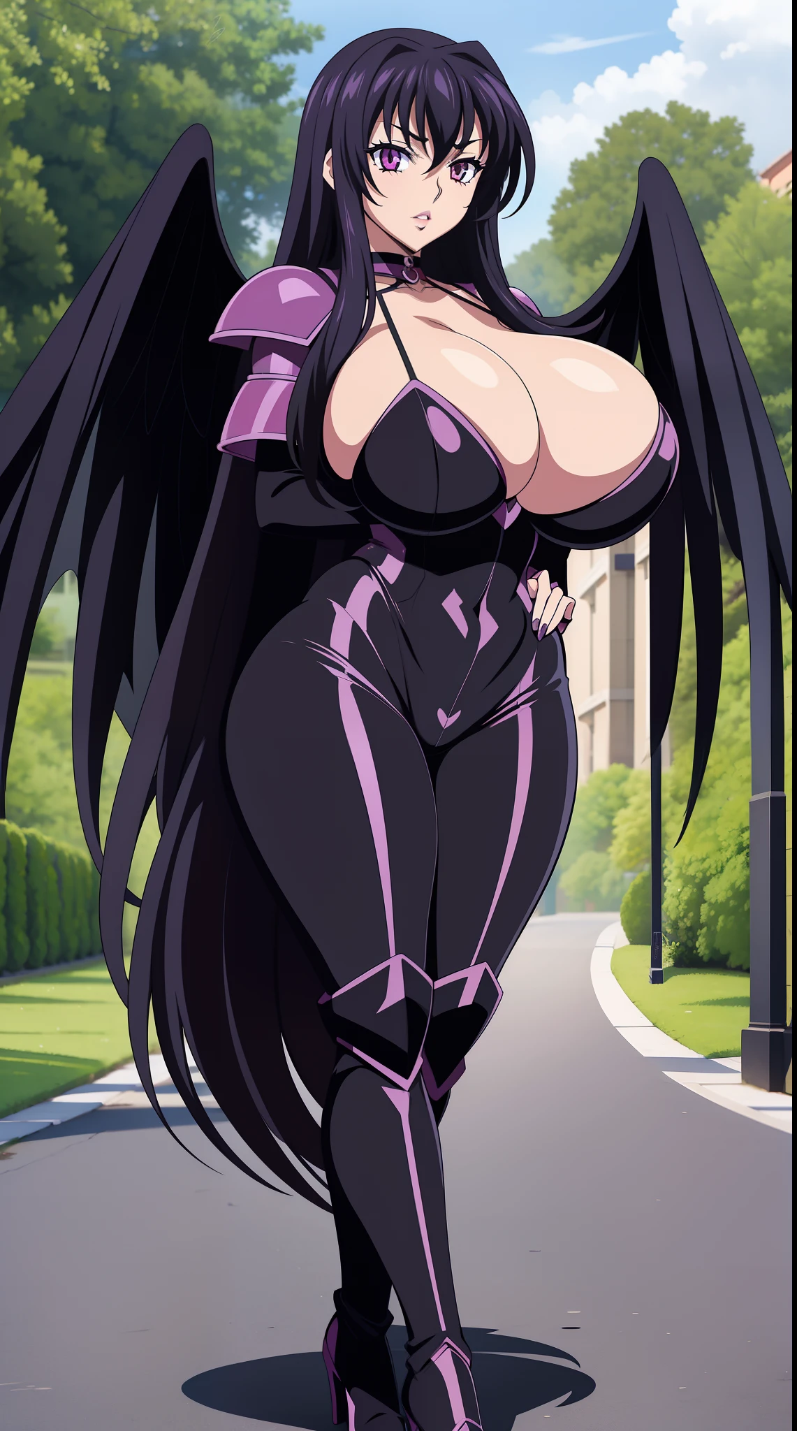 Highschool dxd, Raynare, 1girl, ((bimbo))), long black hair, purple eyes, puffy lips, painted lips, thick lips, wide hips, thick thighs, enormous natural breast, huge round ass, bubble butt, kiss face, fallen angel outfit, shiny skin, enormous fake natural breasts, Posing, standing in front of me, blackbody suit, boots, refsheet,wings, sentai armor, pullover