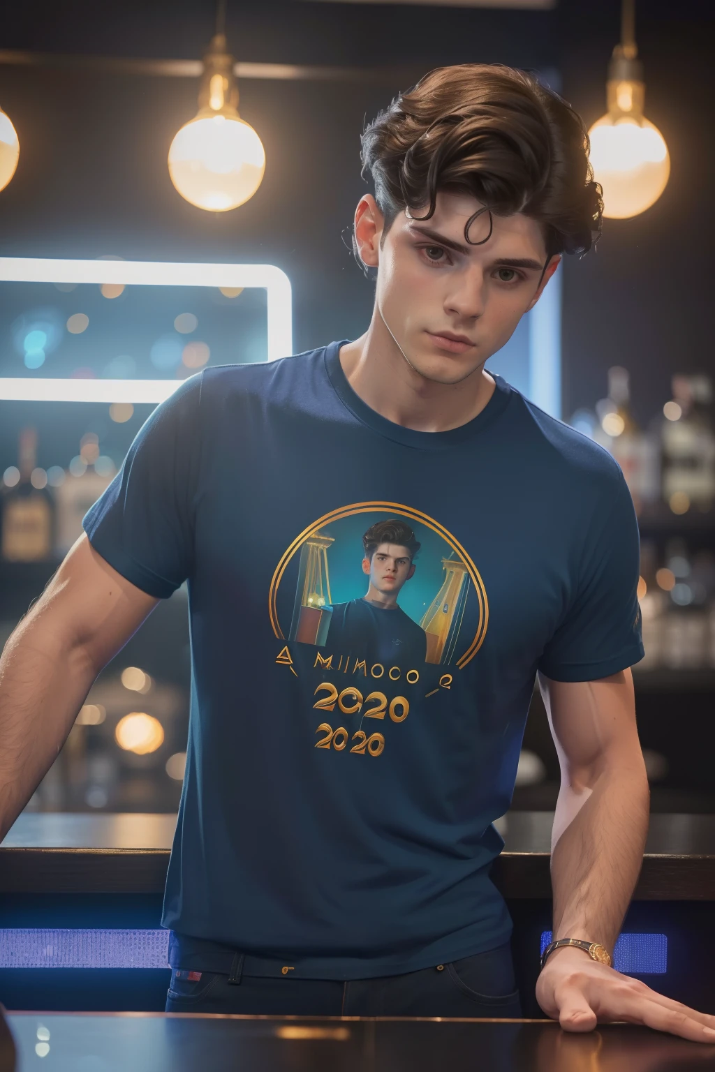 year: 2023. Location: madrid. Pre-Raphaelite scene with a 27-year-old Edward Bluemel, bartender in a nightclub, (((disco lights))), dark, seving drinks, looking away, (((sad))), ((((casual clothing from the 2020s, t-shirt)))) ((Hairstyle of the 2020s)), ((("OMITB" cinematography)))