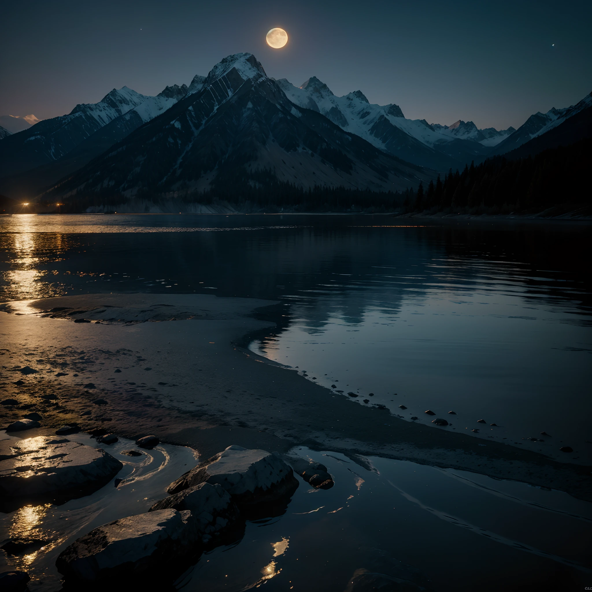 A realistic 8K moon filled the waters with mountains at 7.00:00 pm..darkness