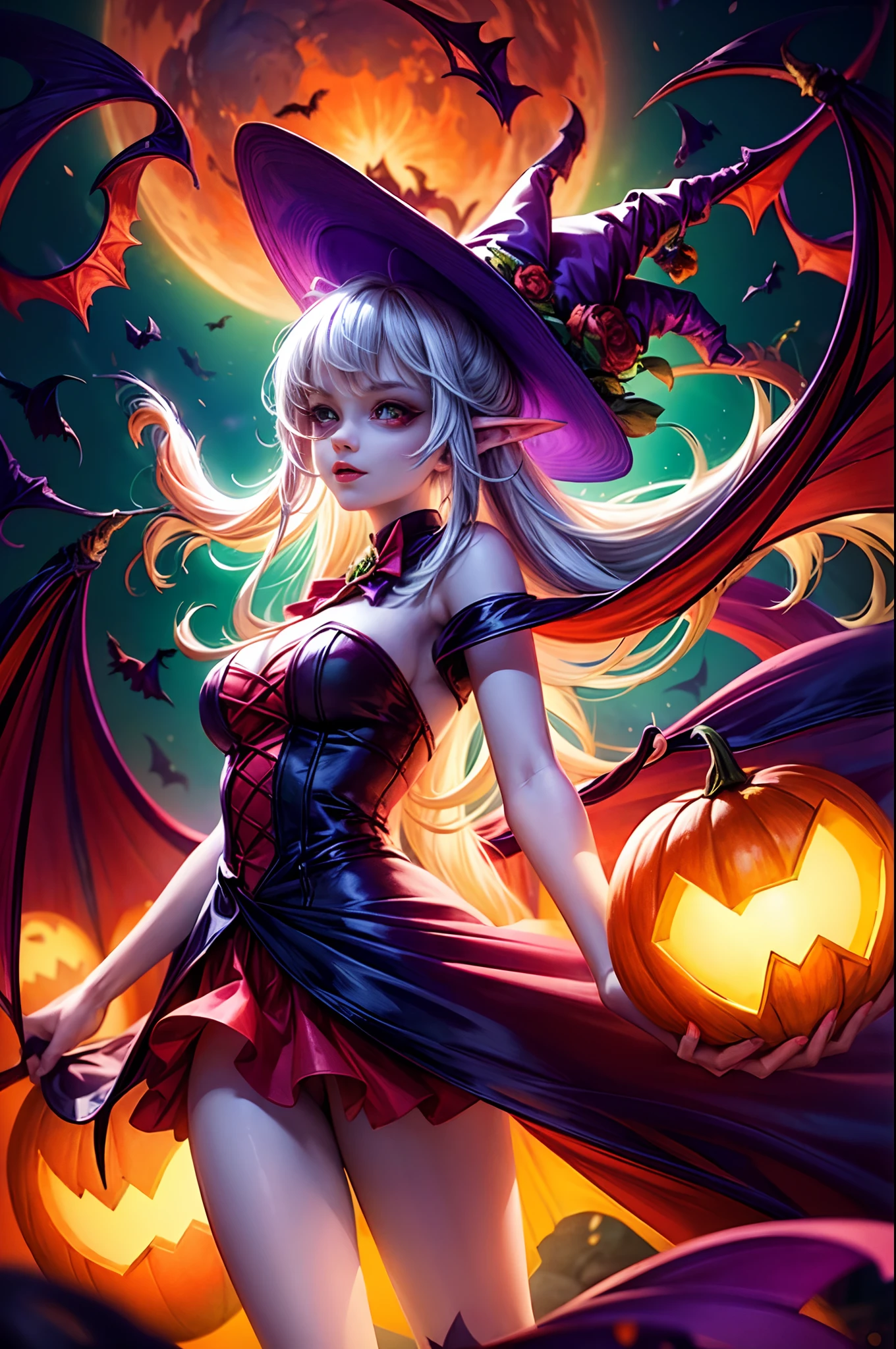 Whimsical Halloween Witch, Wear energetic and playful magical costumes, Stand in a magical forest filled with colorful magic splashes, Hellbringers，red - eyed，Meniscus，Red Moon，borgar，pumpkins，the bats, Cartoon style with watercolor effects, 2D, and white background. Perfect for character design or fantasy-themed t-shirt design, 8K