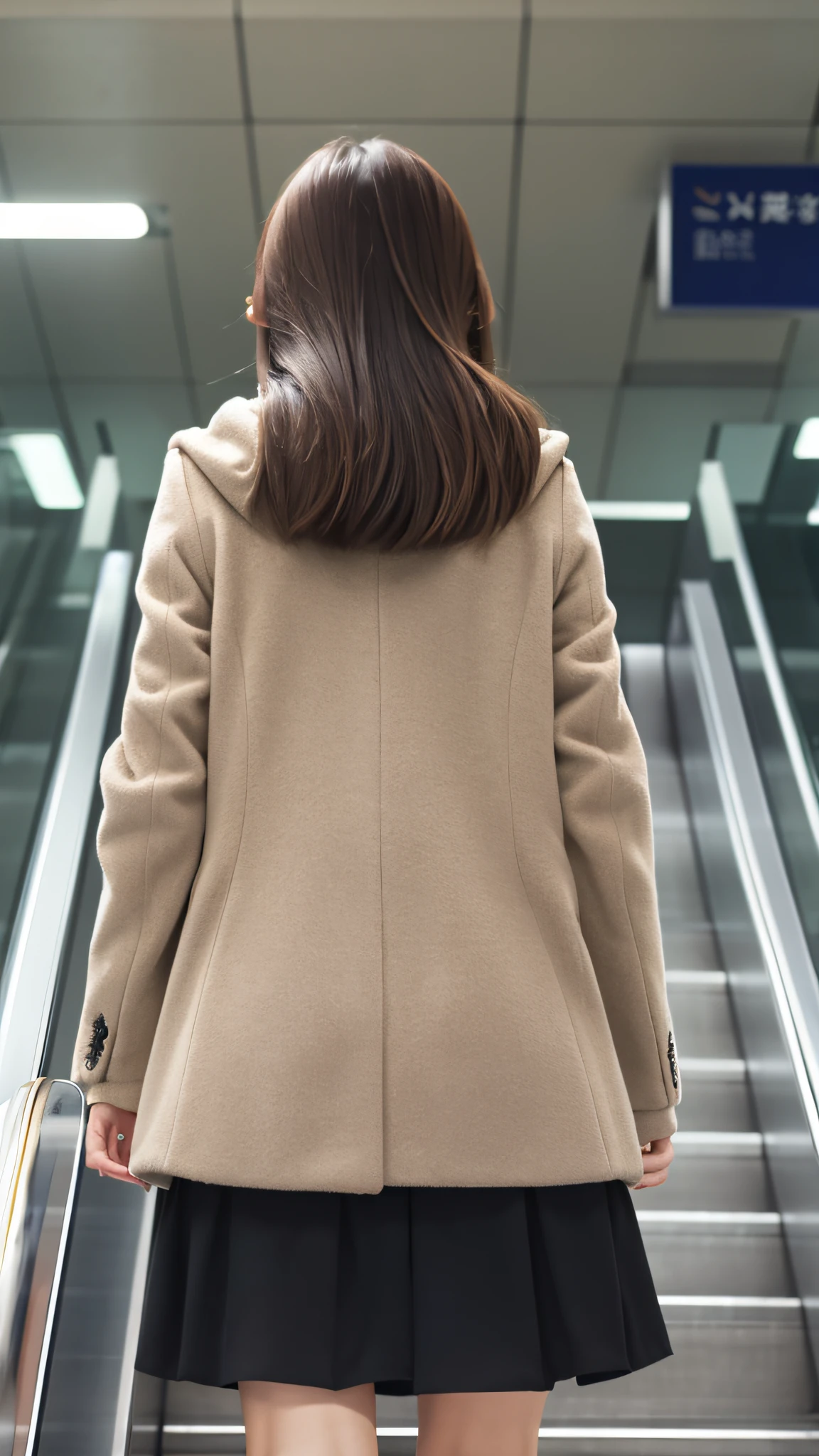 Up Escalator Skirt、short coat、bottom body close up、View from behind、Very low camera angle、Slouched、bent forward、Panchira