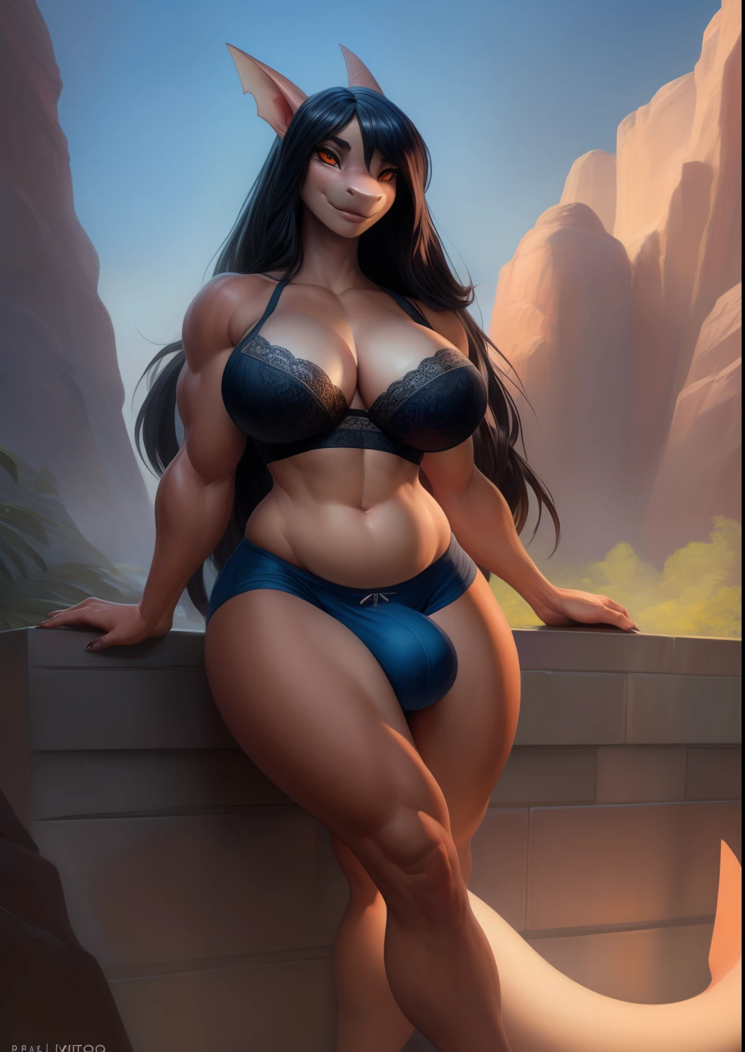 4k, High Resolution, Best Quality, Masterpiece, perfect colors, Perfect shadows, Beautiful and detailed portrait (((Feminine))), perfect lighting, posted on e621, (by Pixelsketcher), Furry, anthro, Furry art, ((Portrait)), Female shark, smooth body, Body color: dark blue ,shark tail, tattoos on body, Beautiful Orange Eyes, Huge Male Body, muscular, Amplification, massive, gigantic, Huge, Biceps, polish, Thick, Chubby, Detailed Scale, Detailed Face, ((bonifasko lighting)), (A detailed eye), perfect pupils, ah high, Long black hair, messy long hair, wide hips, large legs, Huge-breasts, ((Genital slip)), ((genitalia overflow)), The contour of the genitals on the clothes, erection, (Very large bulge),male genitalia, Wear white men's boxers, black bra