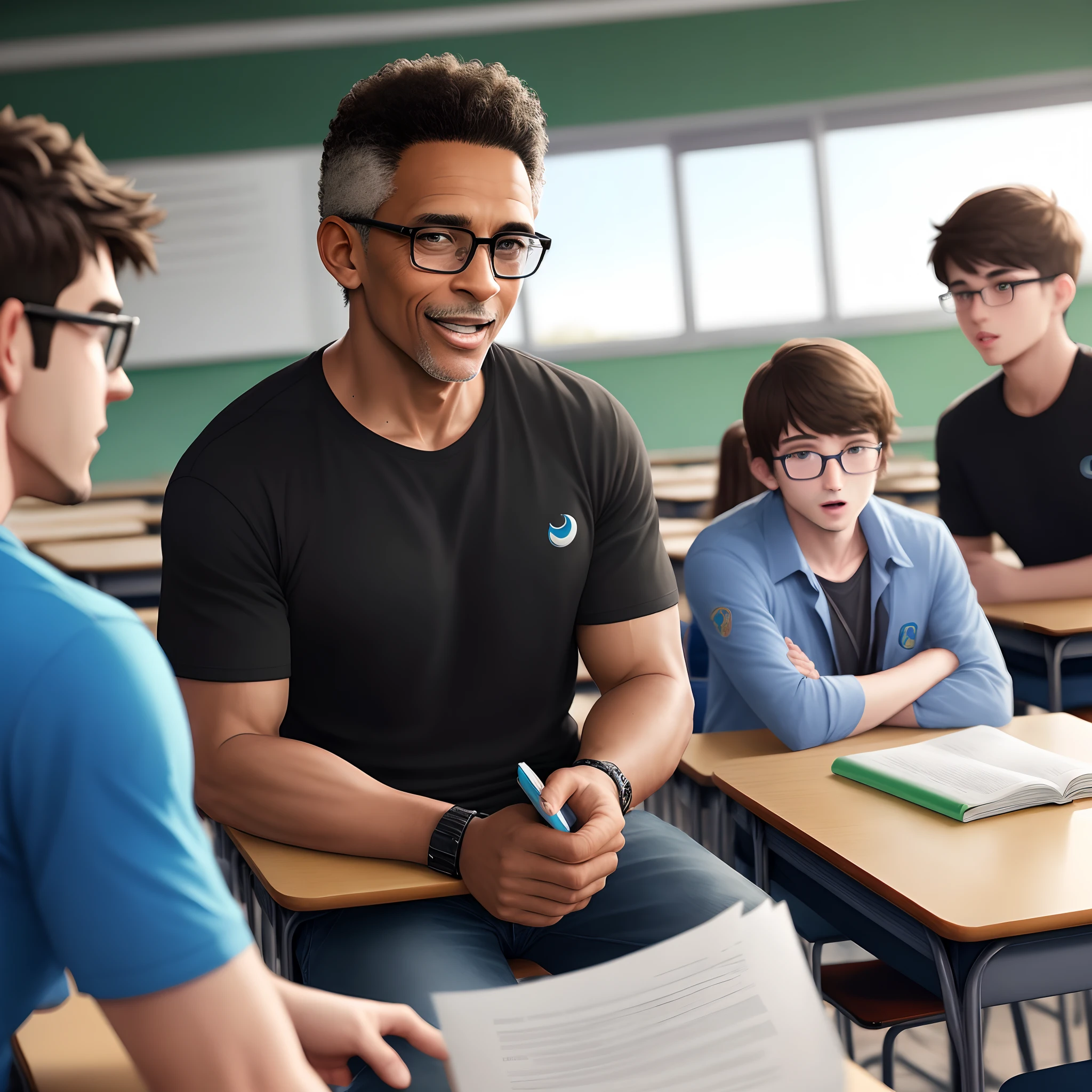 fotos de um homem negro, careca, black glasses, com um jaleco azul escrito La Salle. Man is excited in a classroom explaining material to students.