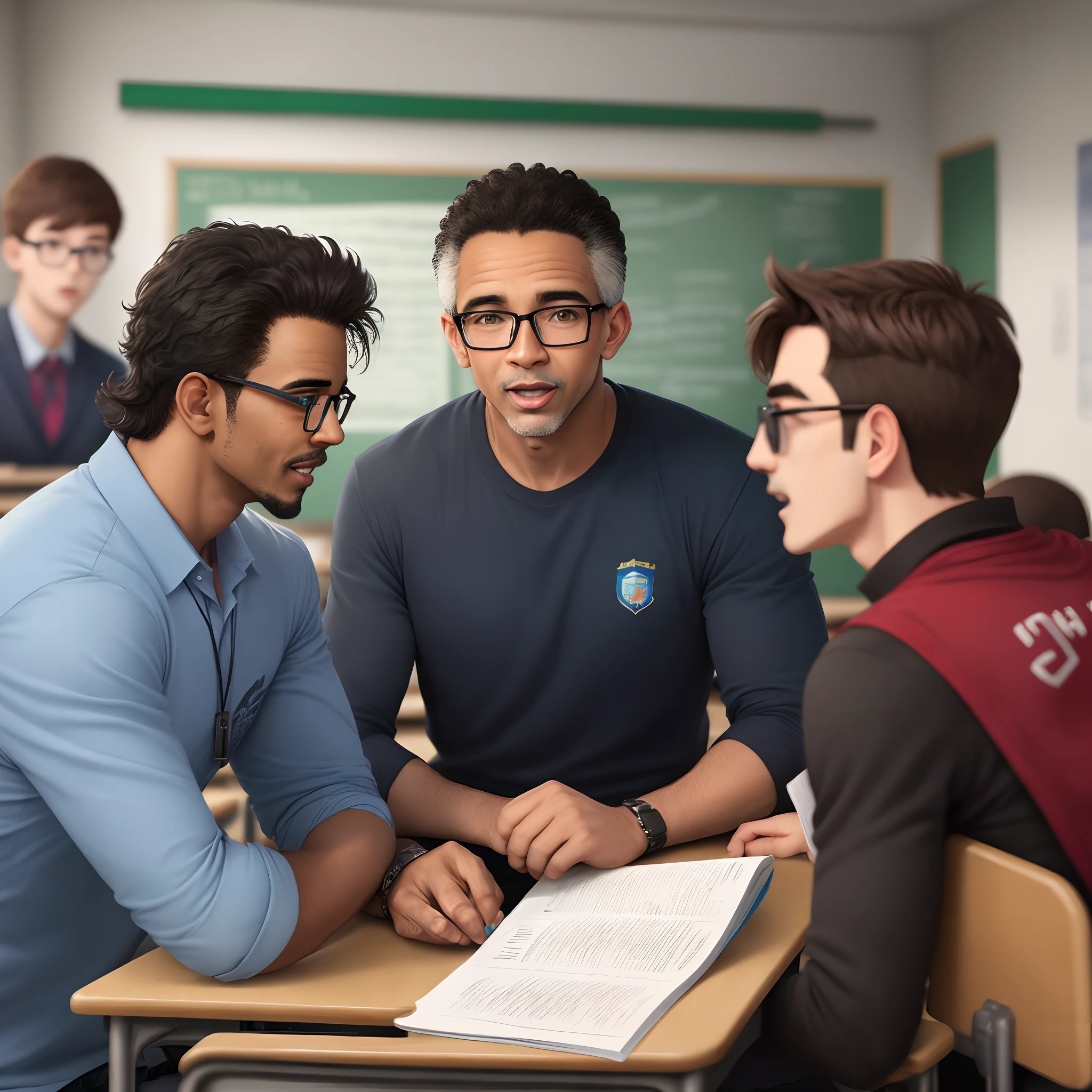 fotos de um homem negro, careca, black glasses, com um jaleco azul escrito La Salle. Man is excited in a classroom explaining material to students.