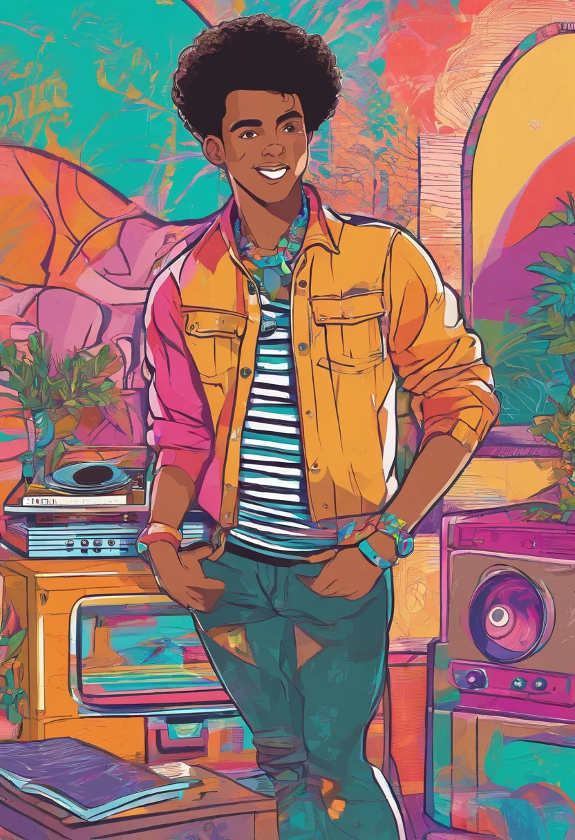 Create a 3D film animation image of a man, 28 years old, light brown skin, 1.90m tall, shaved hair on the sides and bangs in the center, black eyes, and a mole on his nose, smiling. Tattooed on his arms, chest and legs. Dressed in a colorful striped shirt and jeans and colorful sneakers. In the background, many hanging plants, and a record player.