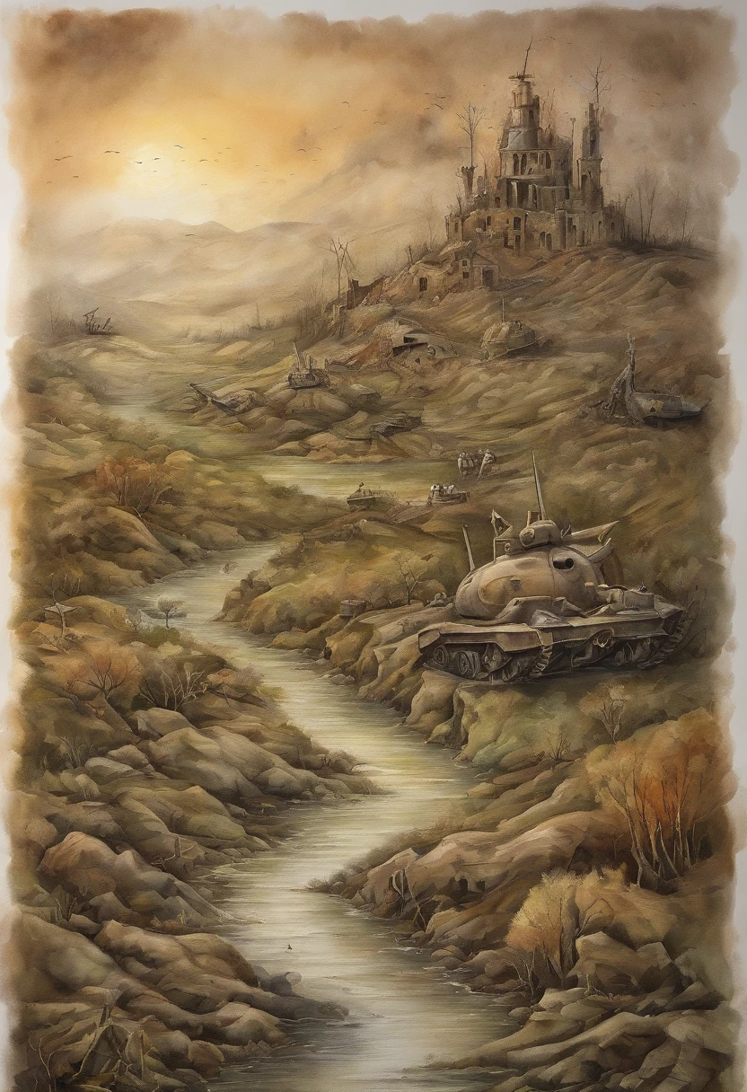 # Mind maps: Desolate post-apocalyptic landscape
## description
- Unforgettable and thought-provoking image of the war
- Depicts action and war, green field landscape
- Skies with airplanes and smoke
- Natural reclamation of land
- Leave room for a silver lining or resilience
## element
- Desolate landscape
-ravages of war
- The ruins of human civilization
- Natural reclamation of land
- Subtle details that hint at the cause
- Feelings of hopelessness
- Dawn of hope or resilience
## The cause of the apocalypse
-war
## sentiment
-action
-awe
-contemplation
- The consequences of our actions