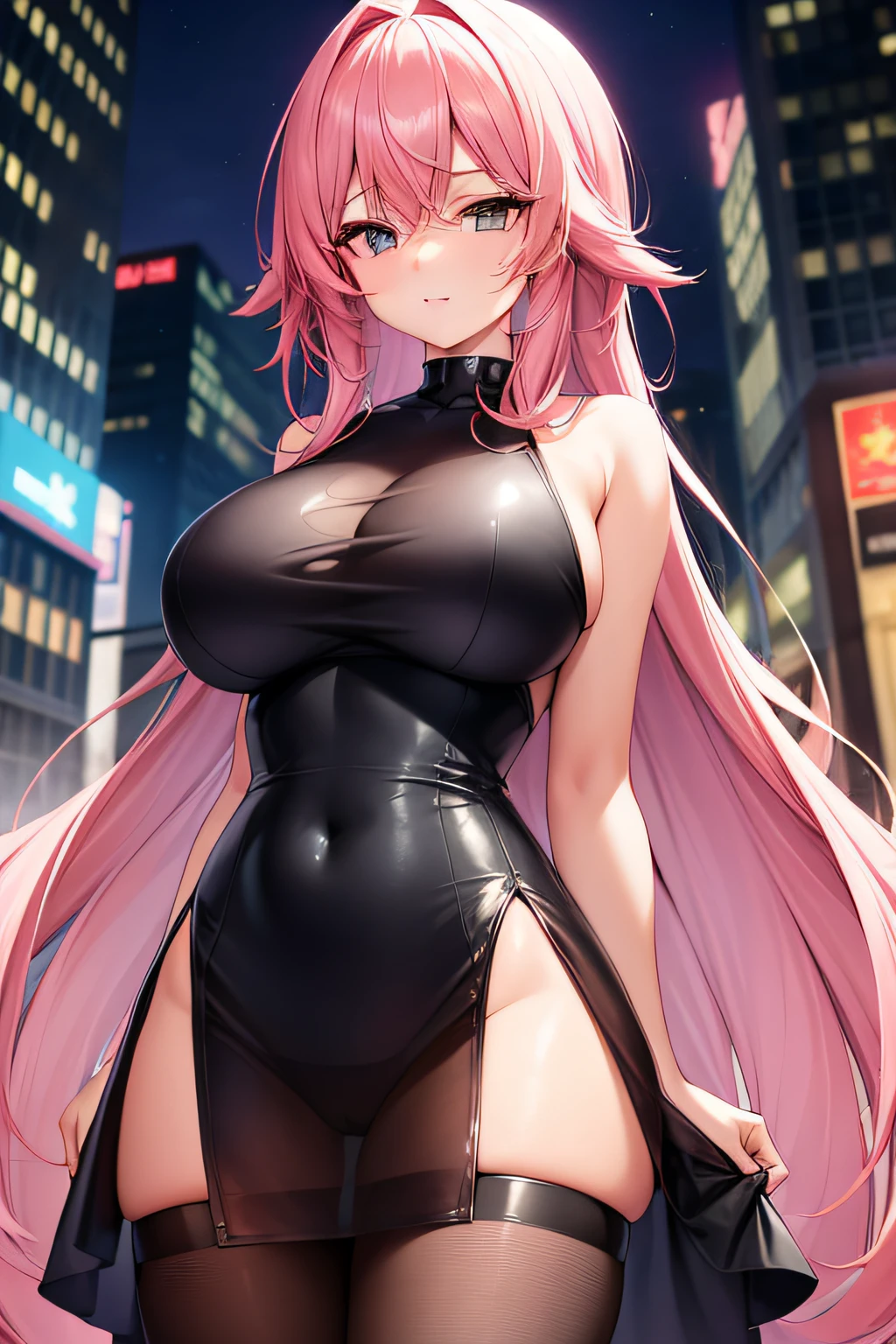 girl with sexy transparent dress in a city at night, see tits, see pusy, big tits, pink hair, detailed face looking at camera, see all the girl cyberpunk anime, full body view, 8k, super detail, Precise, Best qua