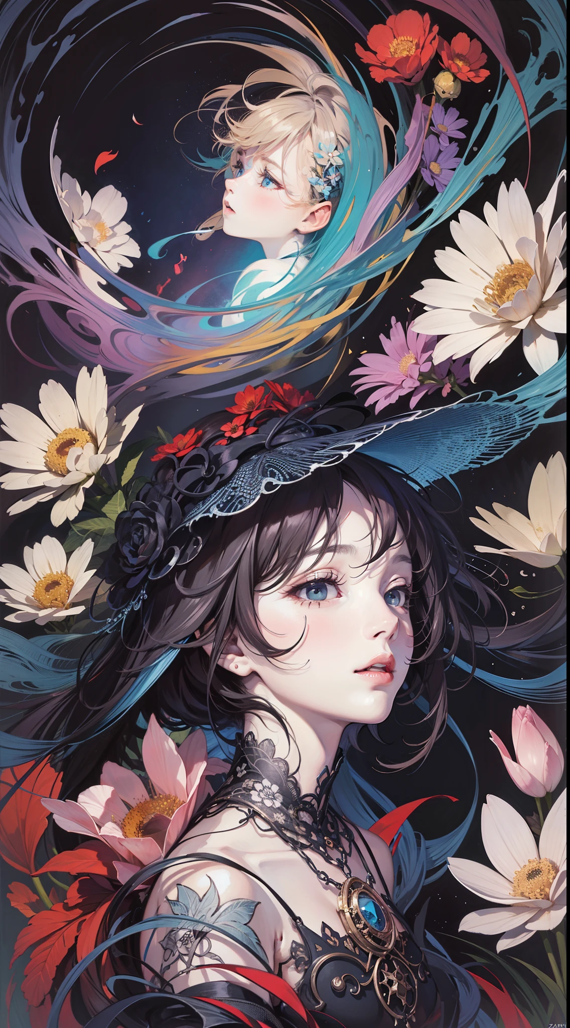 official art, unity 8k wallpaper, ultra detailed, beautiful and aesthetic, beautiful, masterpiece, best quality, (zentangle, mandala, tangle, entangle), dynamic angle, cowboyshot, the most beautiful form of chaos, elegant, a brutalist designed, vivid colours, romanticism, by james jean, roby dwi antono, ross tran, francis bacon, michal mraz, adrian ghenie, petra cortright, gerhard richter, takato yamamoto, ashley wood, atmospheric, enjoying a stream of music, where you can visualize the notes,ecstasy of flower, streaming musical notes visible, (flower_style:0.7)