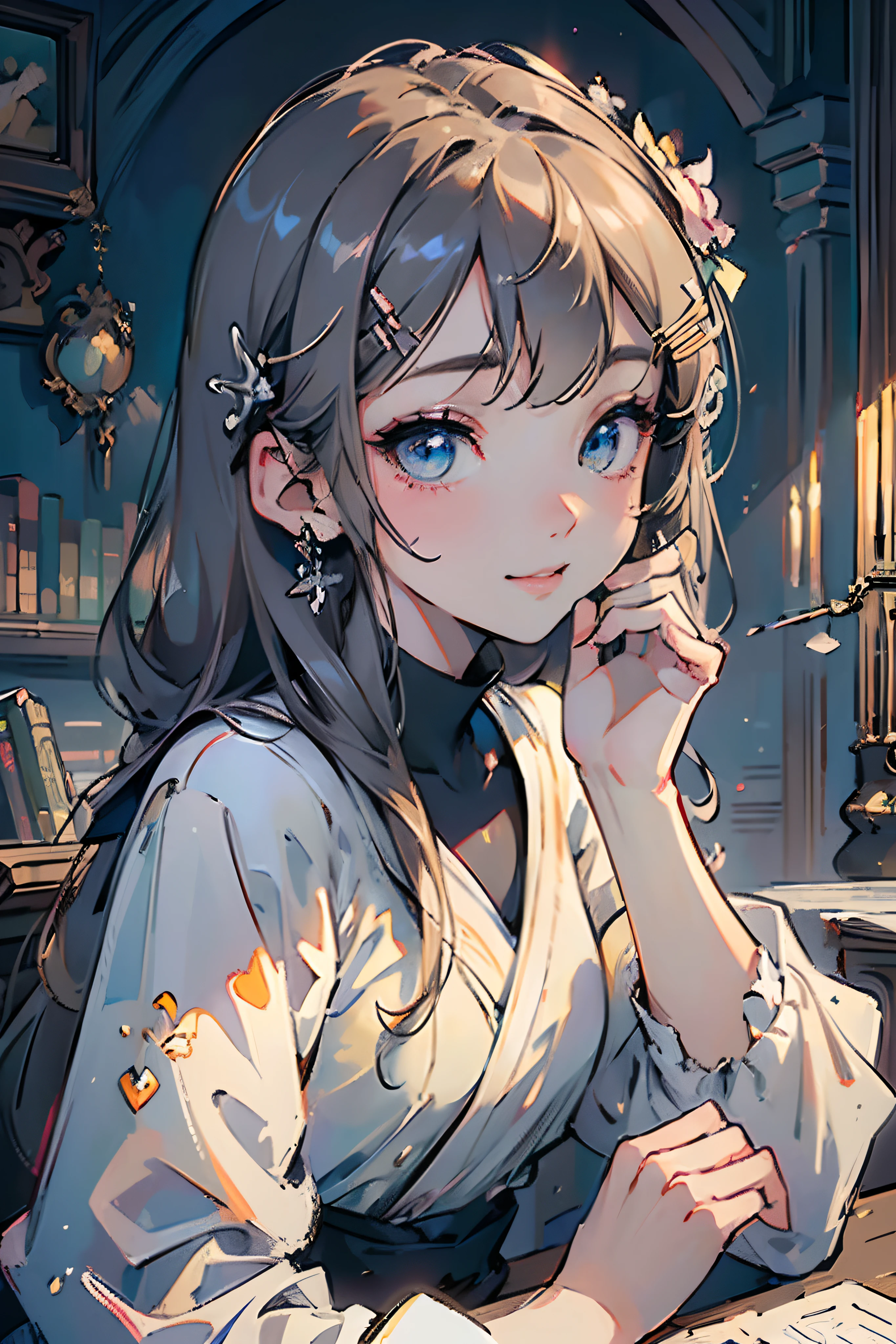 (((masterpiece))), (((best quality))), ((ultra-detailed)), (illustration), (detailed light),((an extremely delicate and beautiful)),(beautiful detailed eyes),1girl, light smile, hair clip, serafuku, looking_at_viewer, hairclip, library