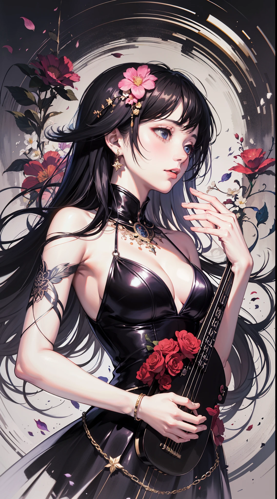 official art, unity 8k wallpaper, ultra detailed, beautiful and aesthetic, beautiful, masterpiece, best quality, (zentangle, mandala, tangle, entangle), dynamic angle, cowboyshot, the most beautiful form of chaos, elegant, a brutalist designed, vivid colours, romanticism, by james jean, roby dwi antono, ross tran, francis bacon, michal mraz, adrian ghenie, petra cortright, gerhard richter, takato yamamoto, ashley wood, atmospheric, enjoying a stream of music, where you can visualize the notes,ecstasy of flower, streaming musical notes visible, (flower_style:0.7)