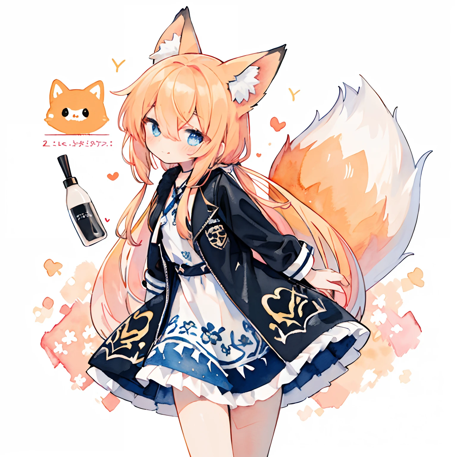 (PastelColors:1.5)、(Cute illustration:1.5)、(watercolor paiting:1.2)、(1 girl:1.0)、hair between eye、(Color: 1.5), (Cute illustration: 1.5), (watercolor paiting: 1.2), (1 girl: 1.0), (1 girl: 1.2), hair between eye, White background, (Color: 1.5), (illustration cute: 1.5), (watercolor: 1.2), (1 girl: 1.0), (1 girl: 1.2), hair between eyes, orange background, girl, whole body Espian, fox girl, fox tail, puffy skirt design, fox-shaped design, style, double-layer light orange dress skirt, twinkling heart, shaking hair, strong, cool, black short leather jacket, fox ears, light orange hair, fox elements
