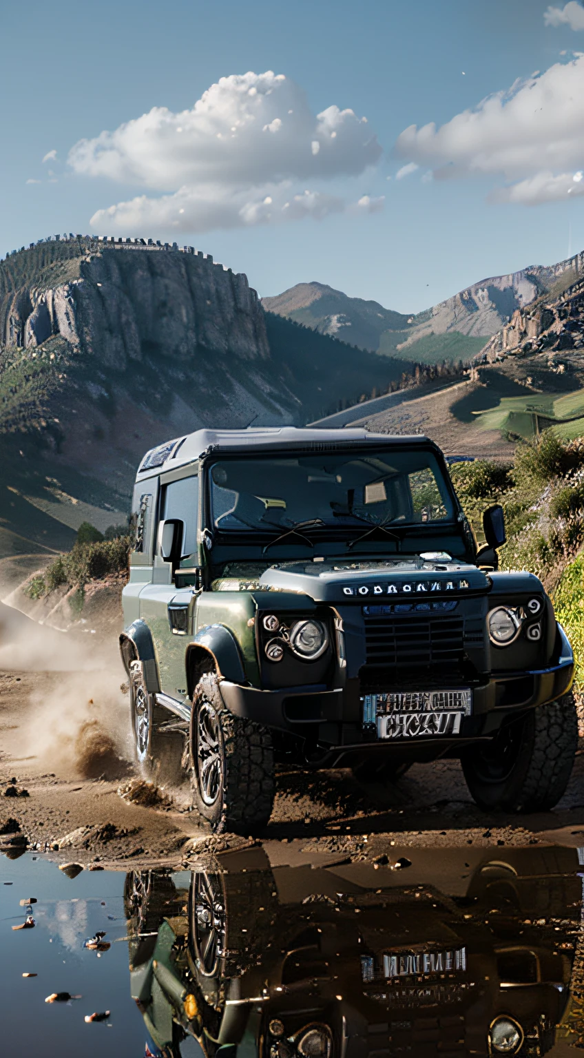Ducati vs Land Rover defender,Racing,detailed reflections, Intricate, High Detail, dramatic, best quality masterpiece, photorealistic, detailed, 8k, HDR, backlighting, bloom, light sparkles, chromatic aberration, sharp focus,