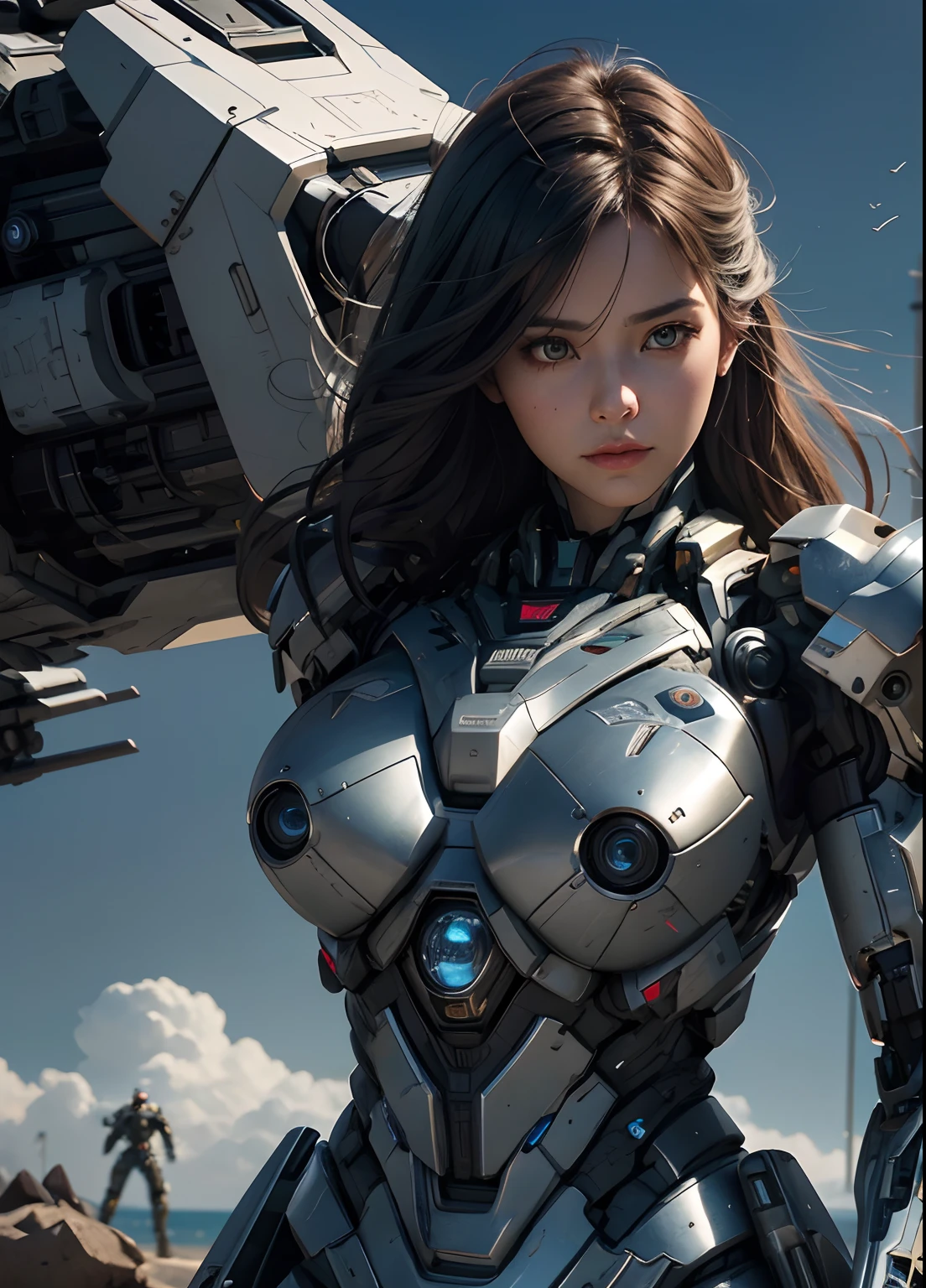 Textured skin, Super Detail, high details, High quality, Best Quality, hight resolution, 1080p, hard disk, Beautiful,(War Machine),(flying though the air),beautiful cyborg woman,Mecha Cyborg Girl,Battle Mode,Girl with a Mecha Body,She wears a futuristic war machine weapon mech,Fulll body Shot