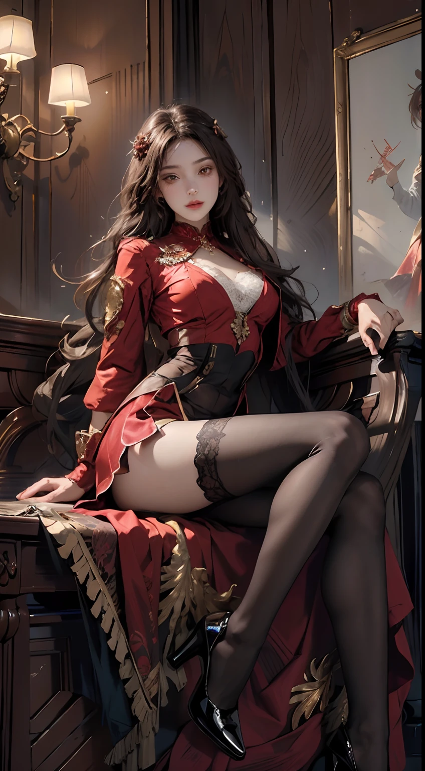 ((Masterpiece, Highest quality)), Detailed face, CharacterDesignSheet，full bodyesbian, Full of details, Multiple poses and expressions, Highly detailed, Depth, Many parts，beuaty girl，cinmatic lighting，with light glowing，Red and gold，Phoenix decoration，light yarn，Lace，lacepantyhose，high-heels