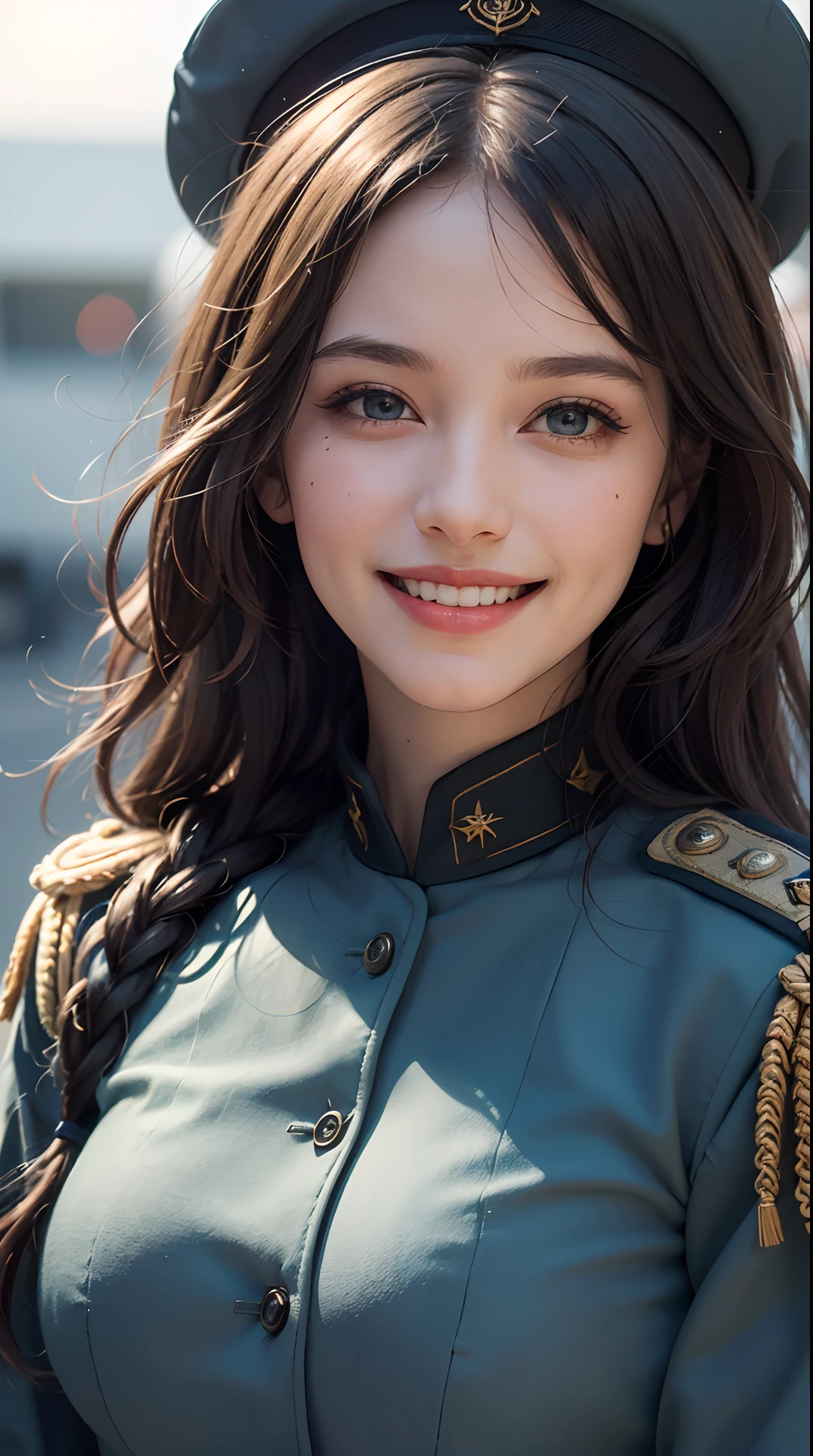 (best quality,4k,8k,highres,masterpiece:1.2), ultra-detailed, (realistic,photorealistic,photo-realistic:1.37), (beautiful detailed eyes, beautiful detailed lips, extremely detailed eyes and face), studio lighting, physically-based rendering,vivid colors, (big tits, super big tits, super extra big tits:0.8), (military or naval uniform:1.5), (soft lighting:0.8), (portrait, smile and laugh:1.5), (parade:1.5),