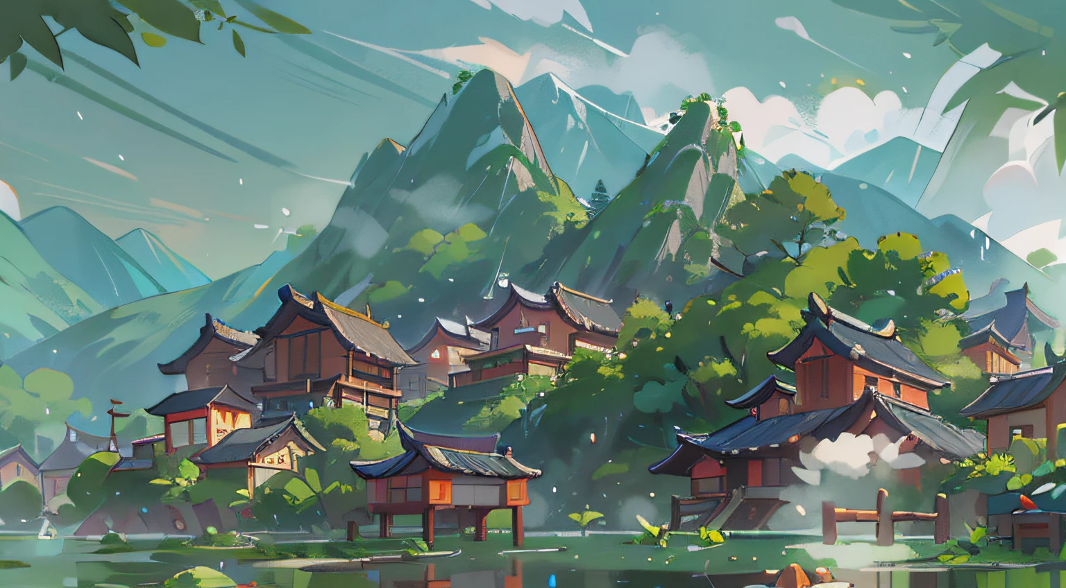 The weather is sunny,A Zhuang village,There are mountains and waters。