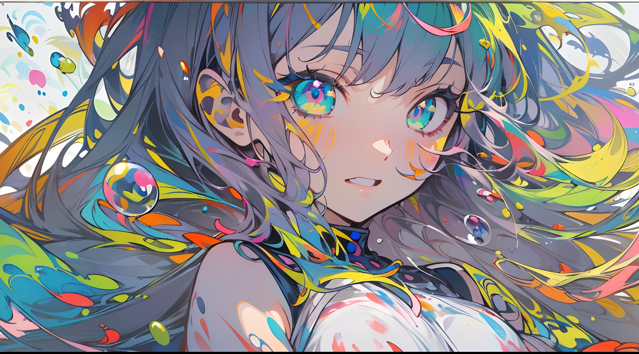 (((masutepiece))),(((Best Quality))),((Ultra-detailed)),(Illustration),(Dynamic Angle), ((floating)),(paint),((disheveled hair)), (Solo),(1girll), ((Big_Ｇcups)), (((detailed anime face))),((beautifull detailed face)),Collar,Bare shoulders,  Black hair, ((Colorful hair)),((Rainbow pattern hair in the hair)), Beautiful detailed eyes,(Gradient color eyes),(((Colorful eyes))), (((Colorful background))),(((High color saturation))),(((Surrounded by colorful splashes))),(((surrounded by colorful dot))),colorful bubble,((Shining))