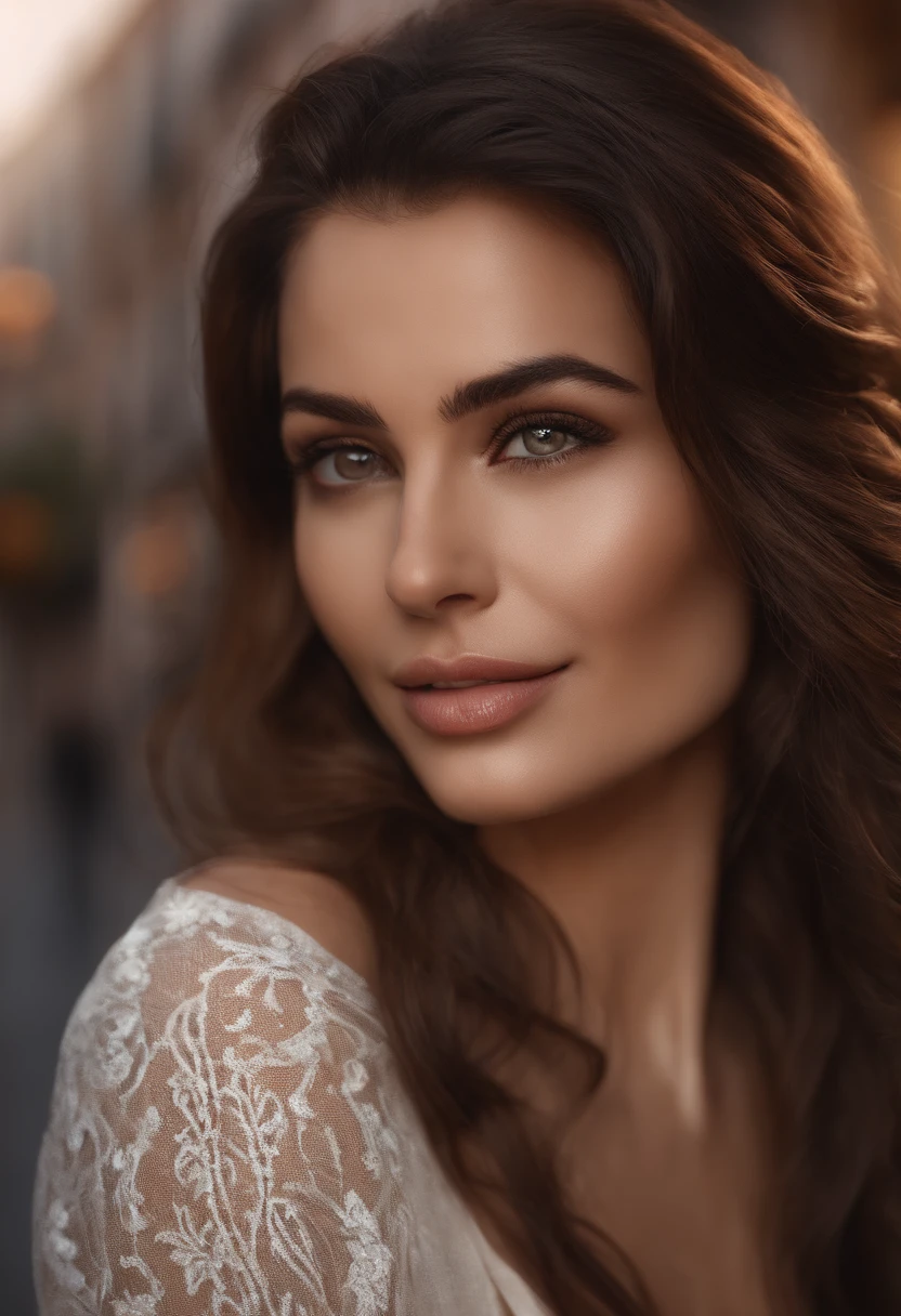 cute beautiful,brunette,hispanic,full body, perfect angile,very delaided,who walks in the street, 32 years old,flirty face,messy long hair,brawneyes,high-ras,masterpiece,best quqlity,intricate details,highly detailed,sharp focus,detailed skin,realistic skin texture,texture,detailed eyes,professional,4k,smile,shot on canon,85mm,shallow depth of ield,kodak vision color,eyeshadow,extermely detailed,photo_\(ultra\),photorealistic,realistic,post-processing,max detail,roughness,real life,ultra realistic,photorealism,photography,8k uhd,photography ,braless,pokies
